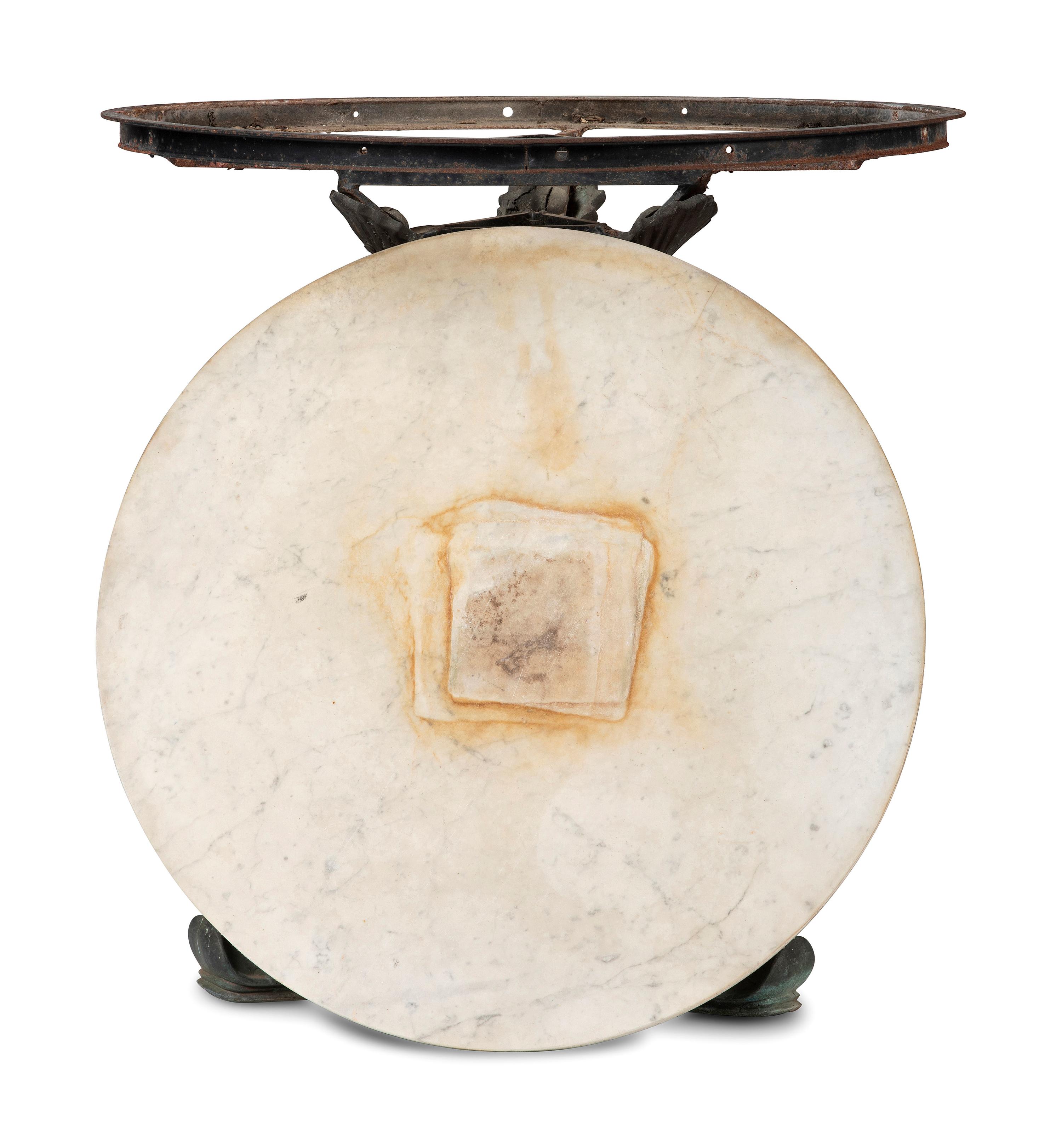 A Grotto Style Marble Inset Cast Iron and Bronze Dolphin-Base Pedestal Table
