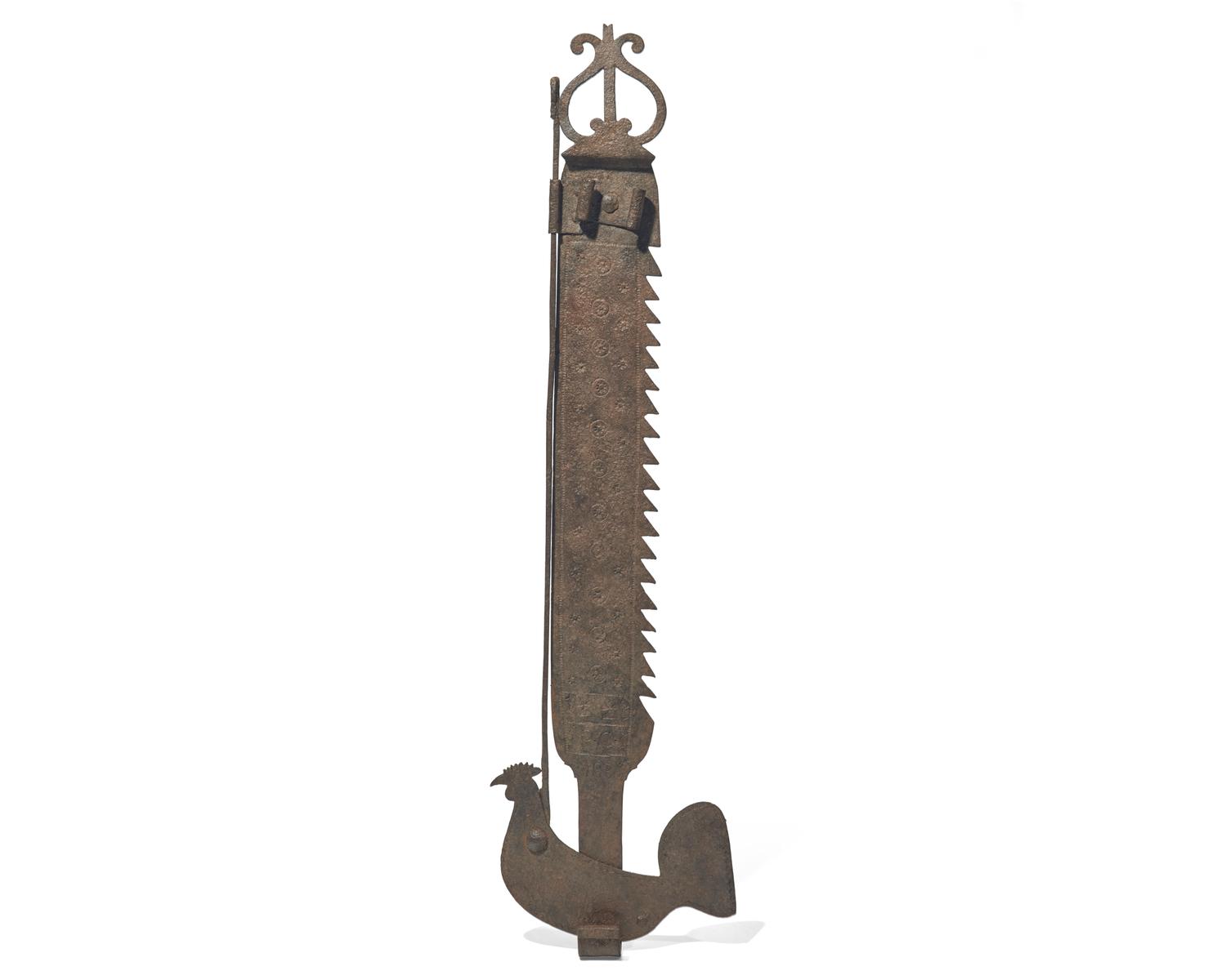 A Wrought Iron Fireplace Trammel with Rooster Catch, French, Dated "1836"