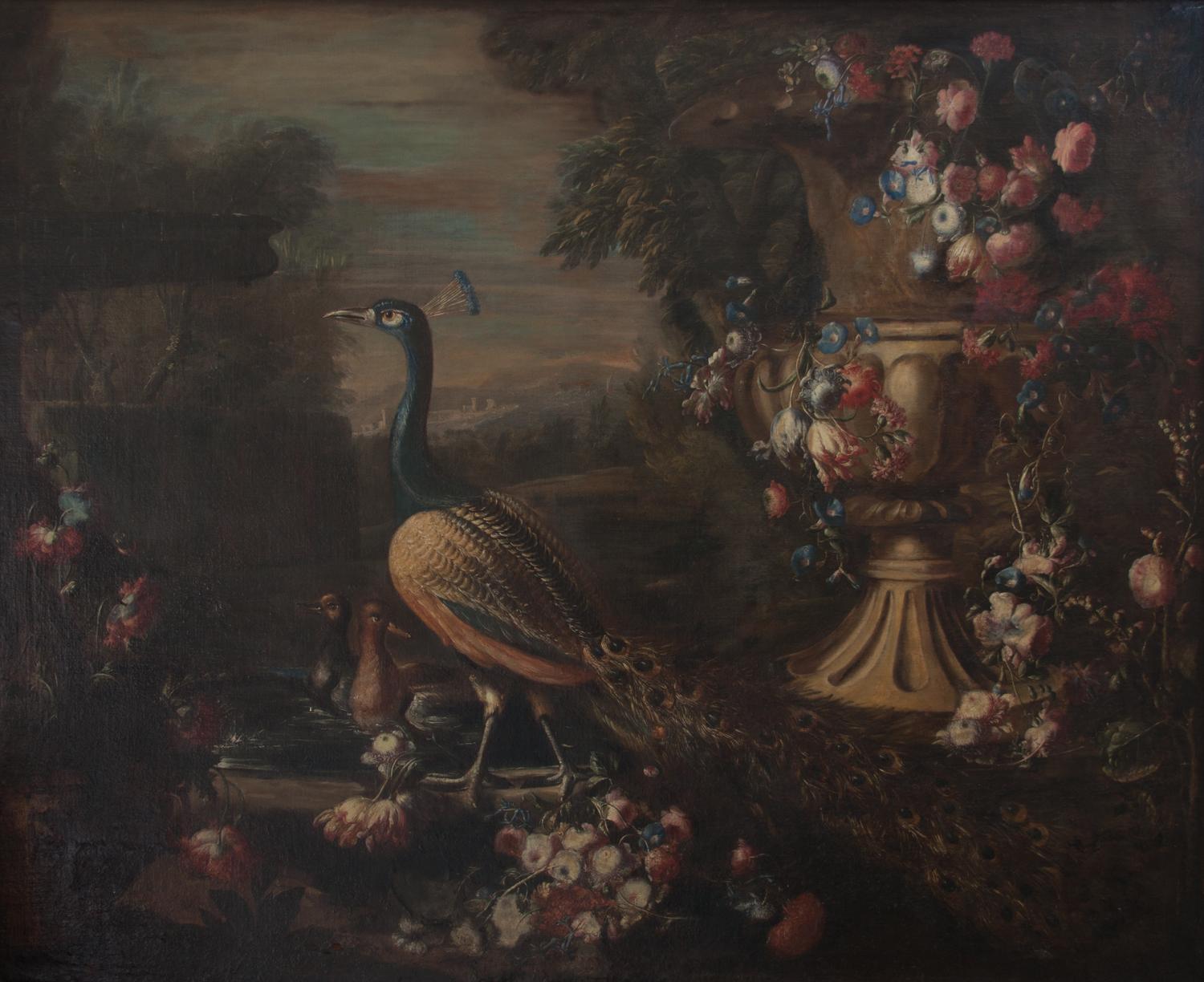 Continental School, (18th/19th century), Peacock, Ducks and Large Urn of Flowers in Landscape