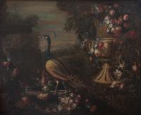Continental School, (18th/19th century), Peacock, Ducks and Large Urn of Flowers in Landscape