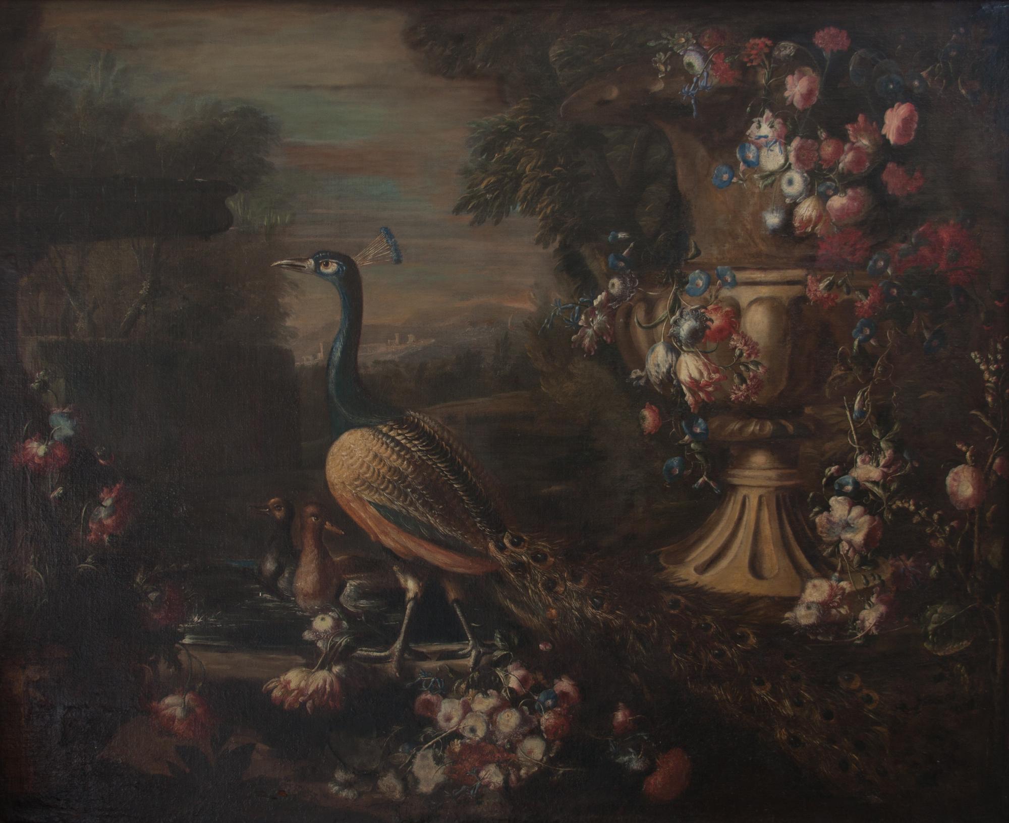 Continental School, (18th/19th century), Peacock, Ducks and Large Urn of Flowers in Landscape