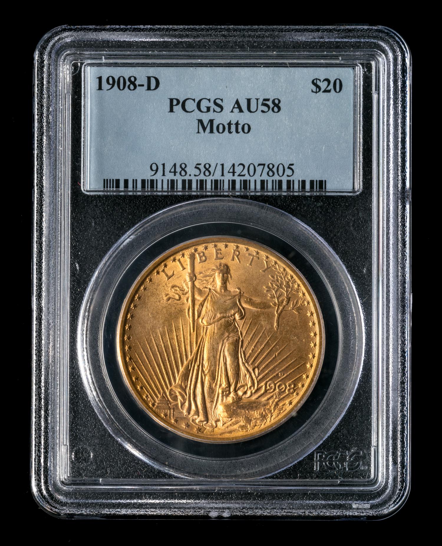 A United States 1908-D St. Gaudens: Motto $20 Gold Coin
