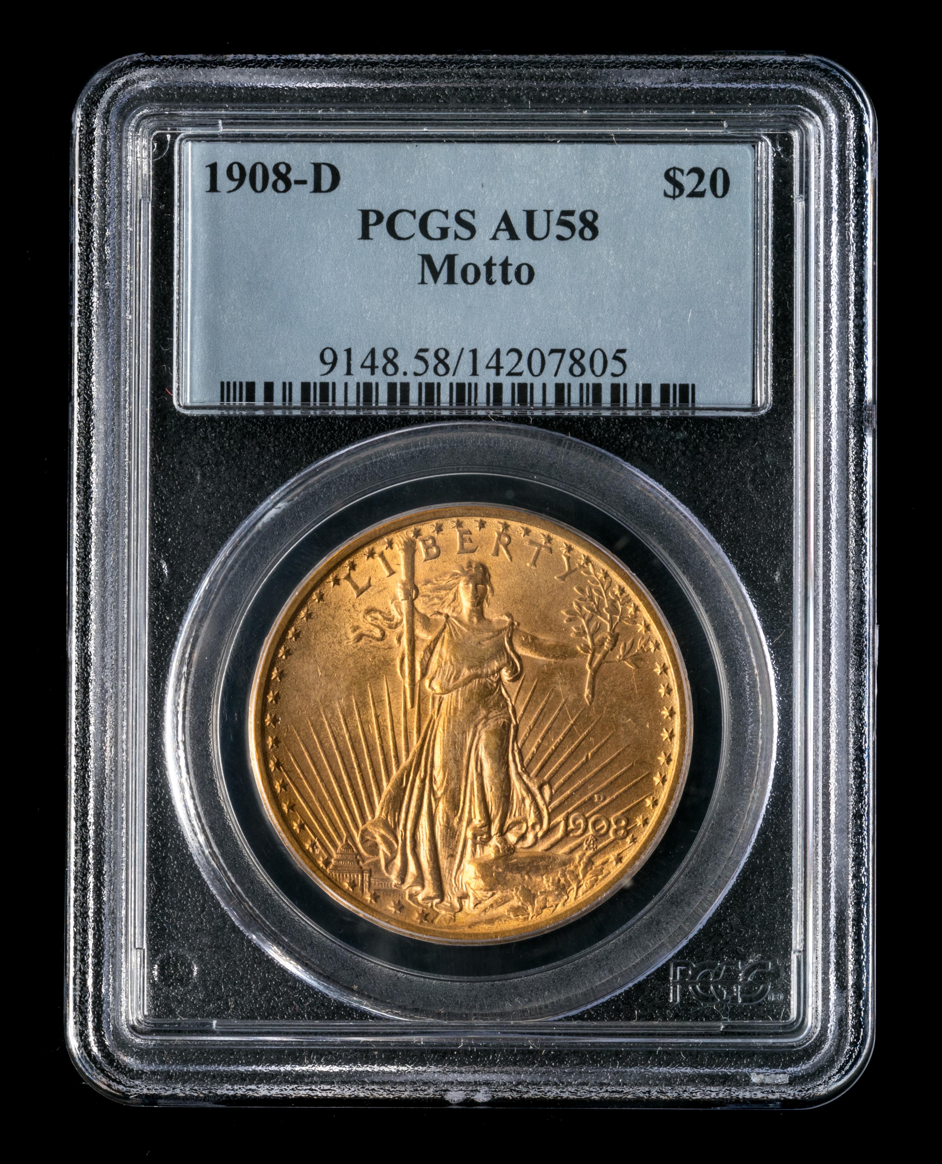 A United States 1908-D St. Gaudens: Motto $20 Gold Coin