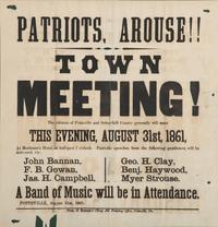 [CIVIL WAR]. Patriots Arouse! Town Meeting! Pottsville, PA: B. Bannan's Cheap Job Printing Office, 31 August 1861.