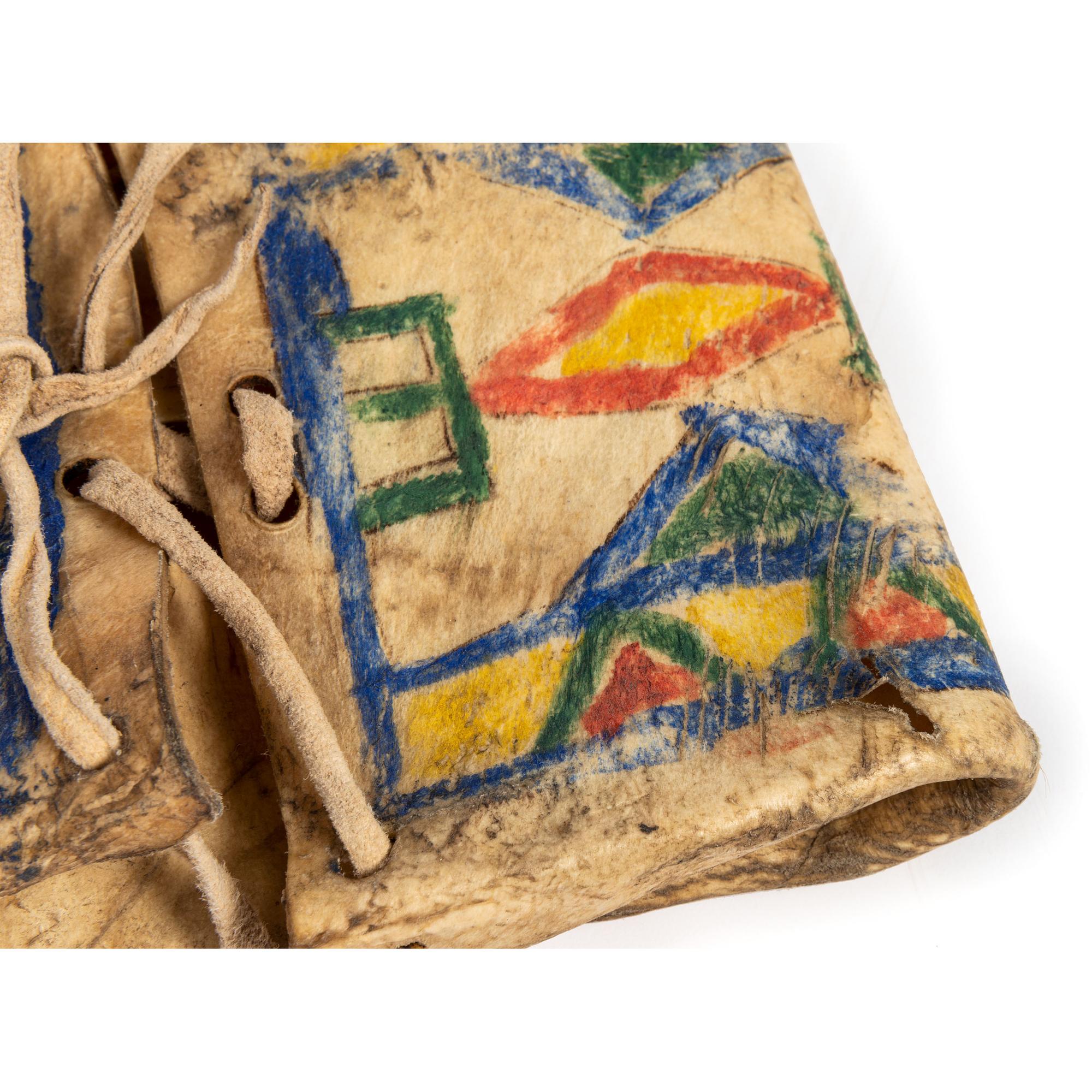 Northern Plains Child's Beaded Hide Moccasins and Miniature Painted Parfleche Envelope