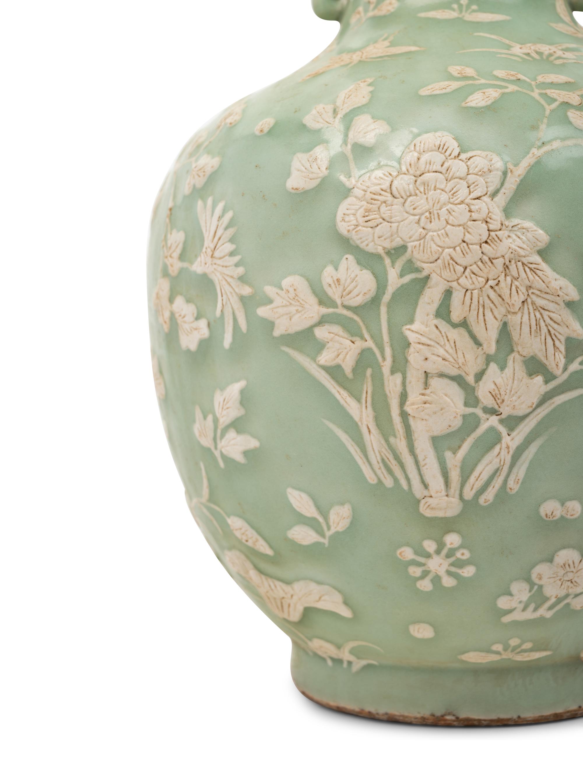 A Pair of Chinese Celadon Glazed Porcelain Vases
