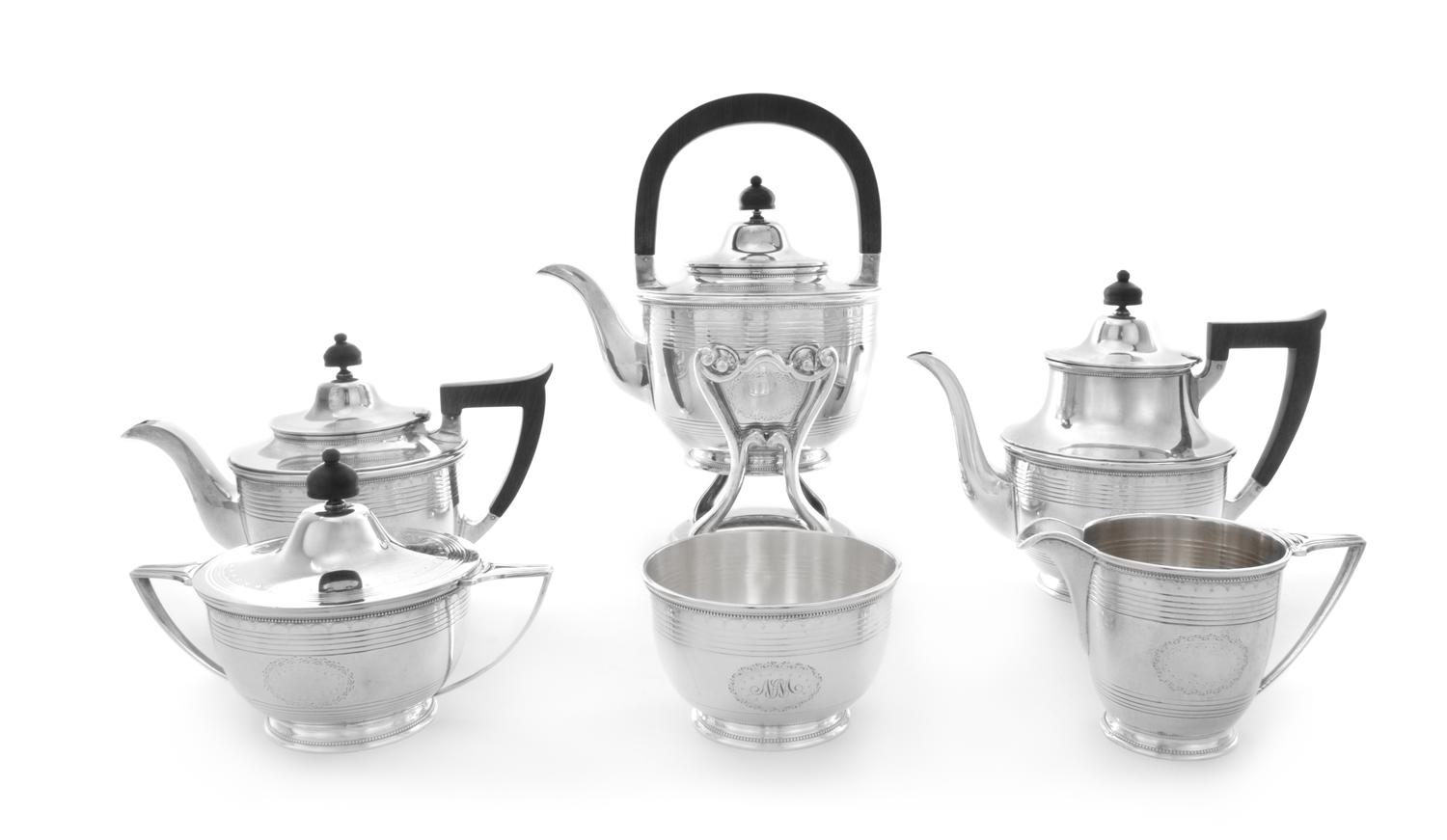 An American Silver Six-Piece Tea and Coffee Service, Gorham Mfg. Co., Providence, RI, comprising a water kettle on stand, coffee pot, t