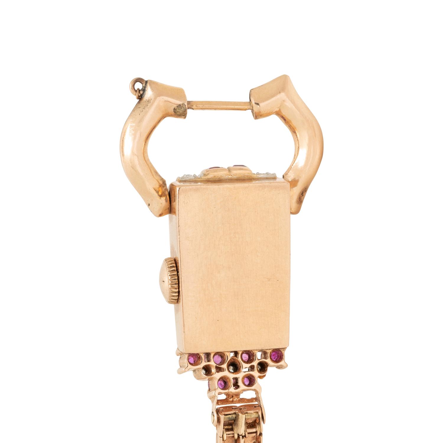RETRO, GLYCINE, 14K ROSE GOLD, DIAMOND, AND RUBY WATCH