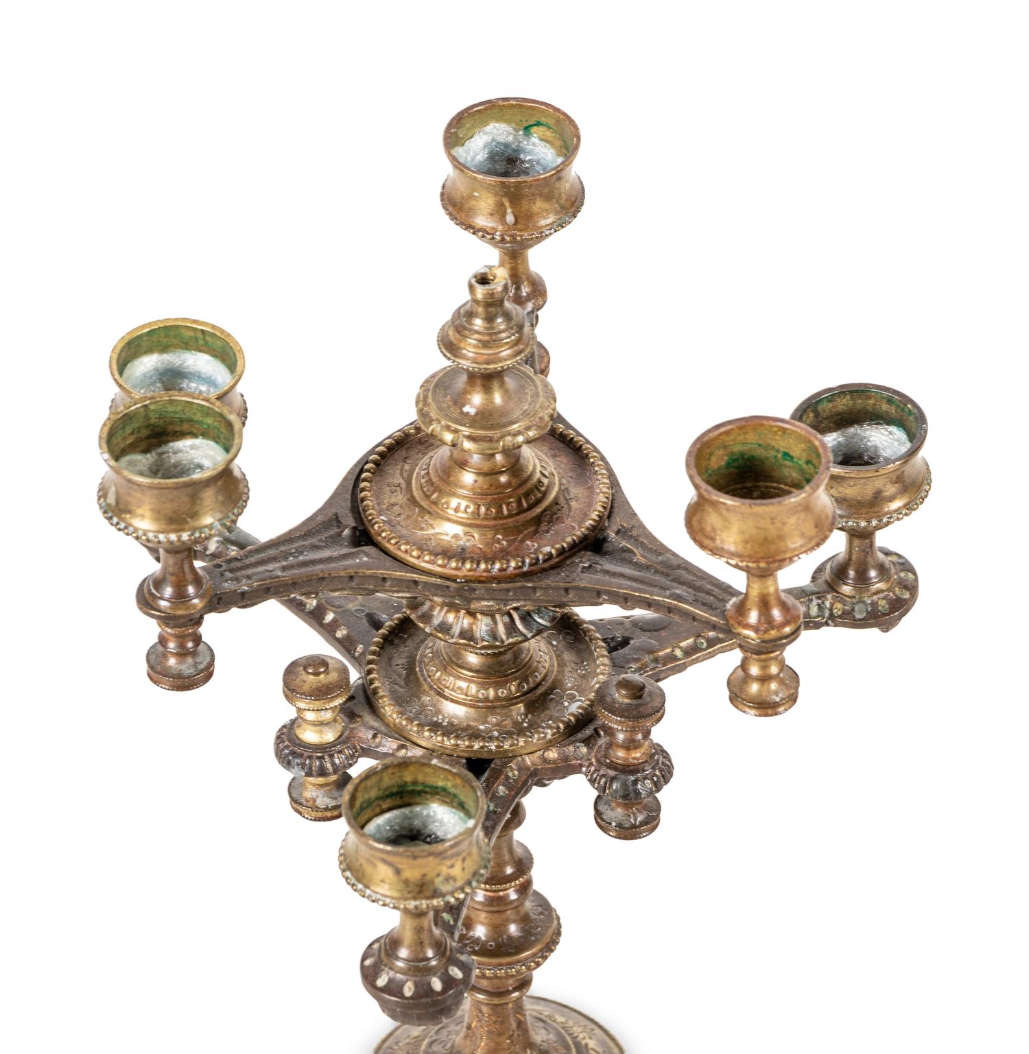A Pair of Continental Gilt Bronze Six-Light Candelabra