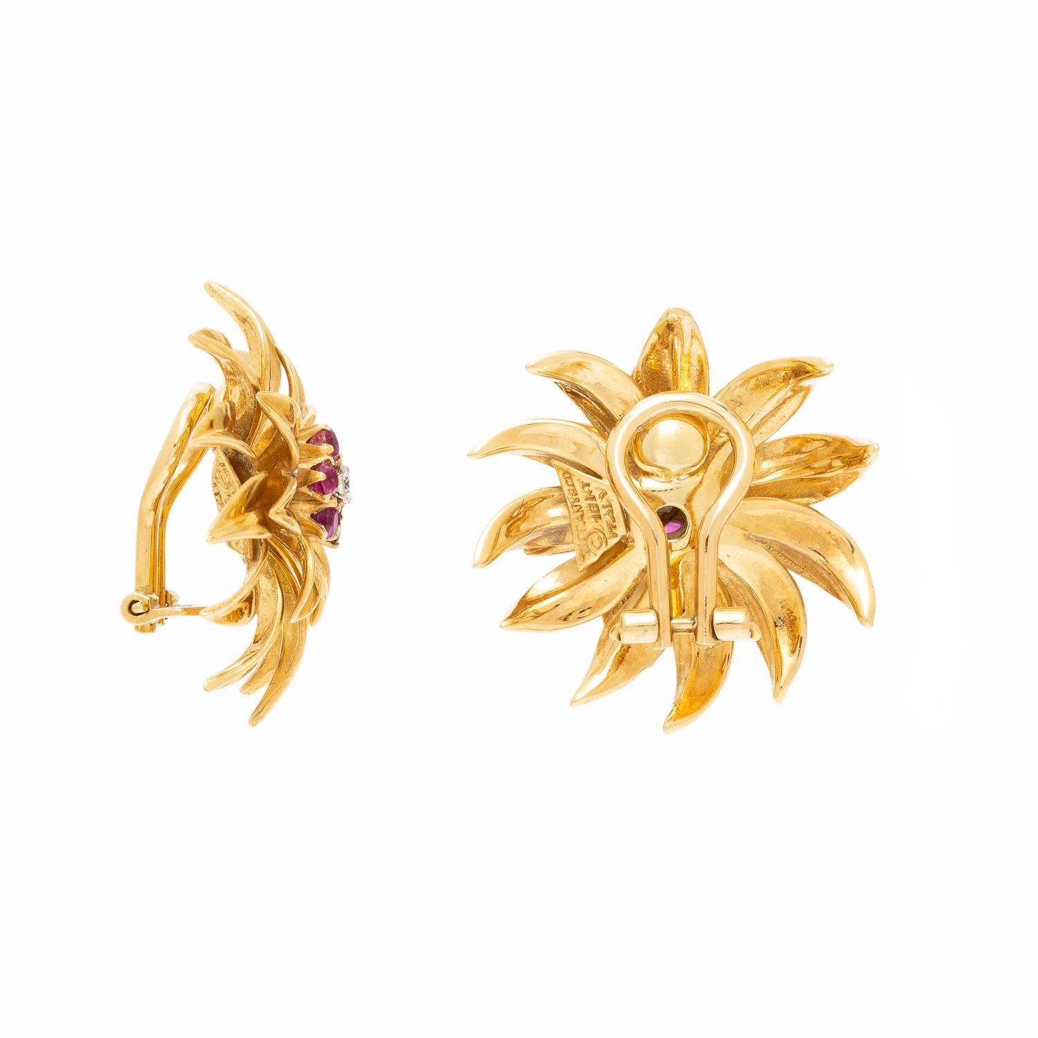 TIFFANY & CO., RUBY, DIAMOND, AND YELLOW GOLD FLOWER EARRINGS