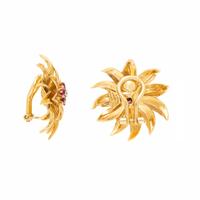 TIFFANY & CO., RUBY, DIAMOND, AND YELLOW GOLD FLOWER EARRINGS