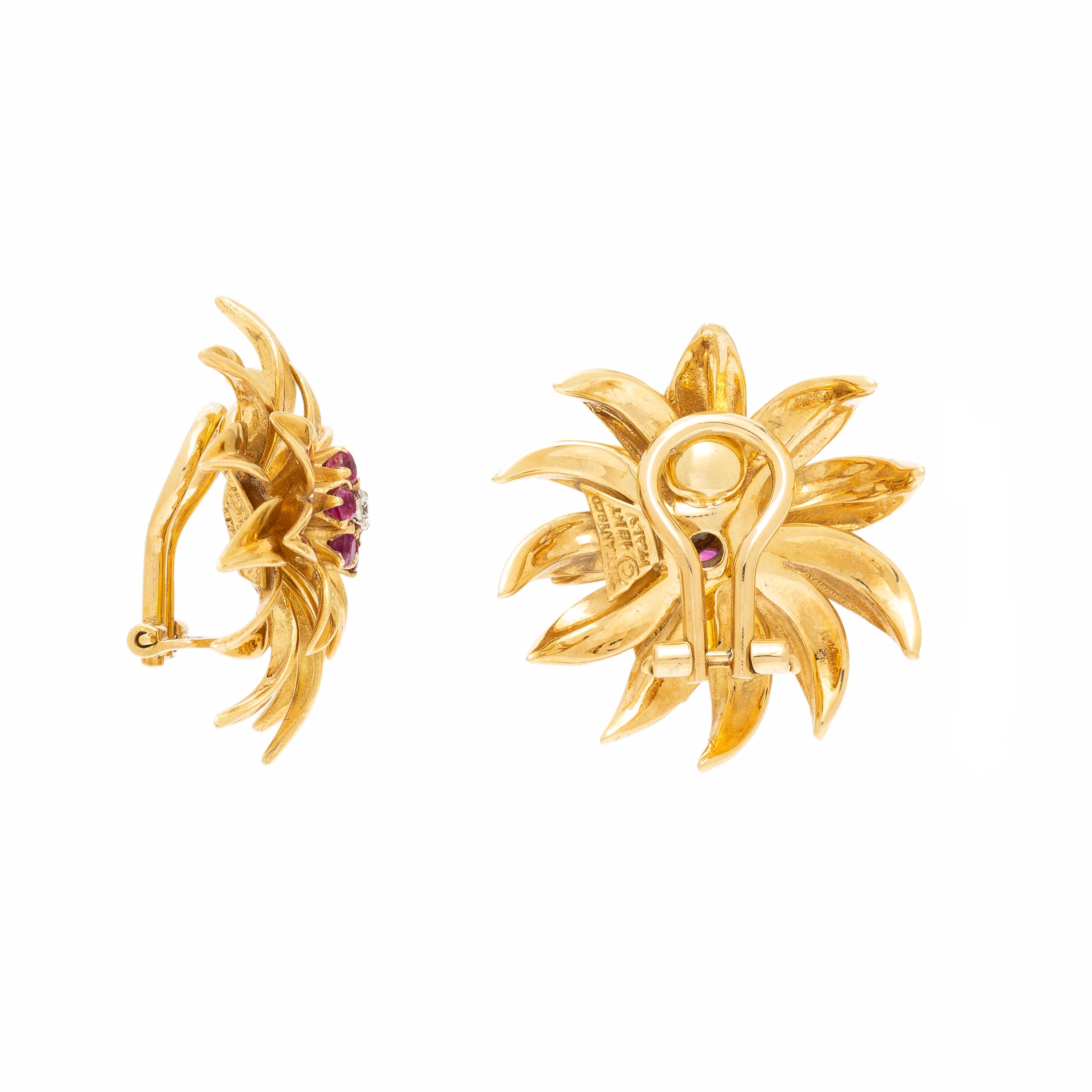 TIFFANY & CO., RUBY, DIAMOND, AND YELLOW GOLD FLOWER EARRINGS