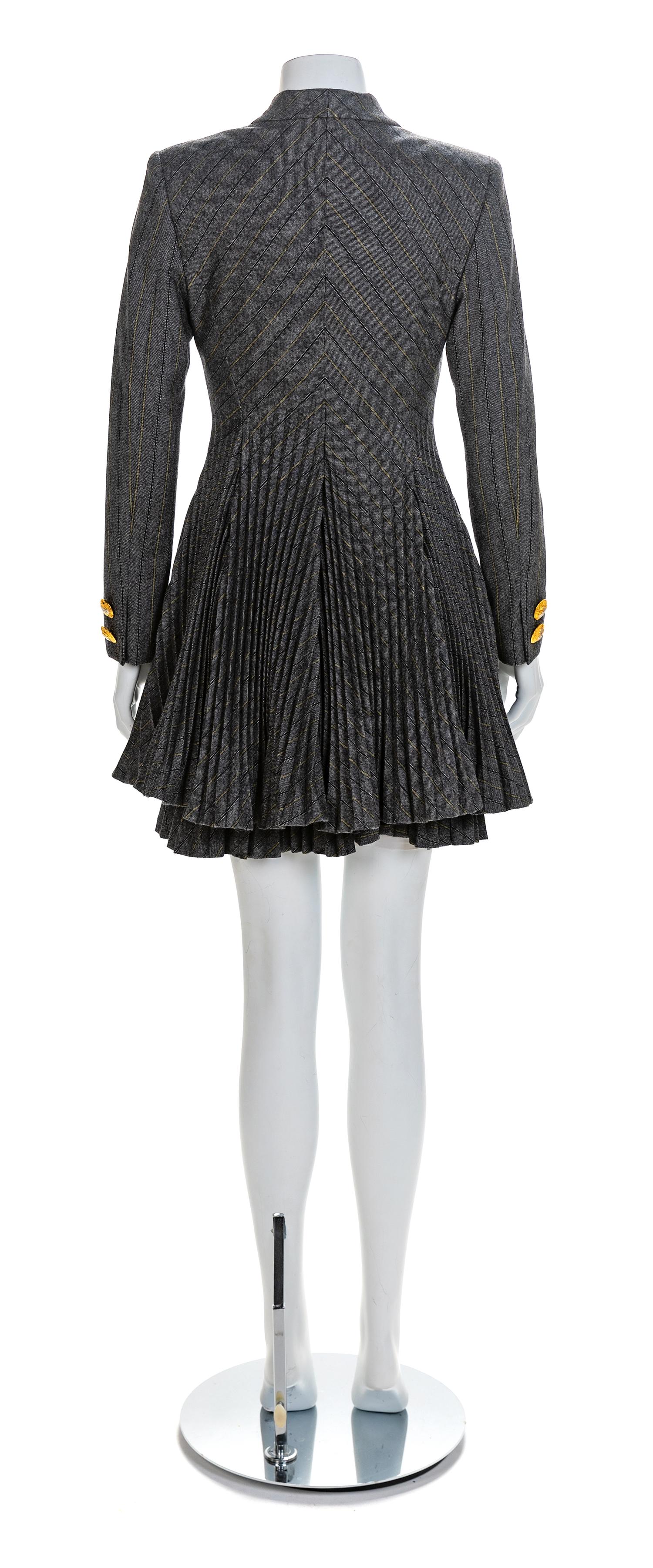 Atelier Versace Grey Jacket with Pleated Peplum and Matching Pleated Skirt, 1990s Size label: 42