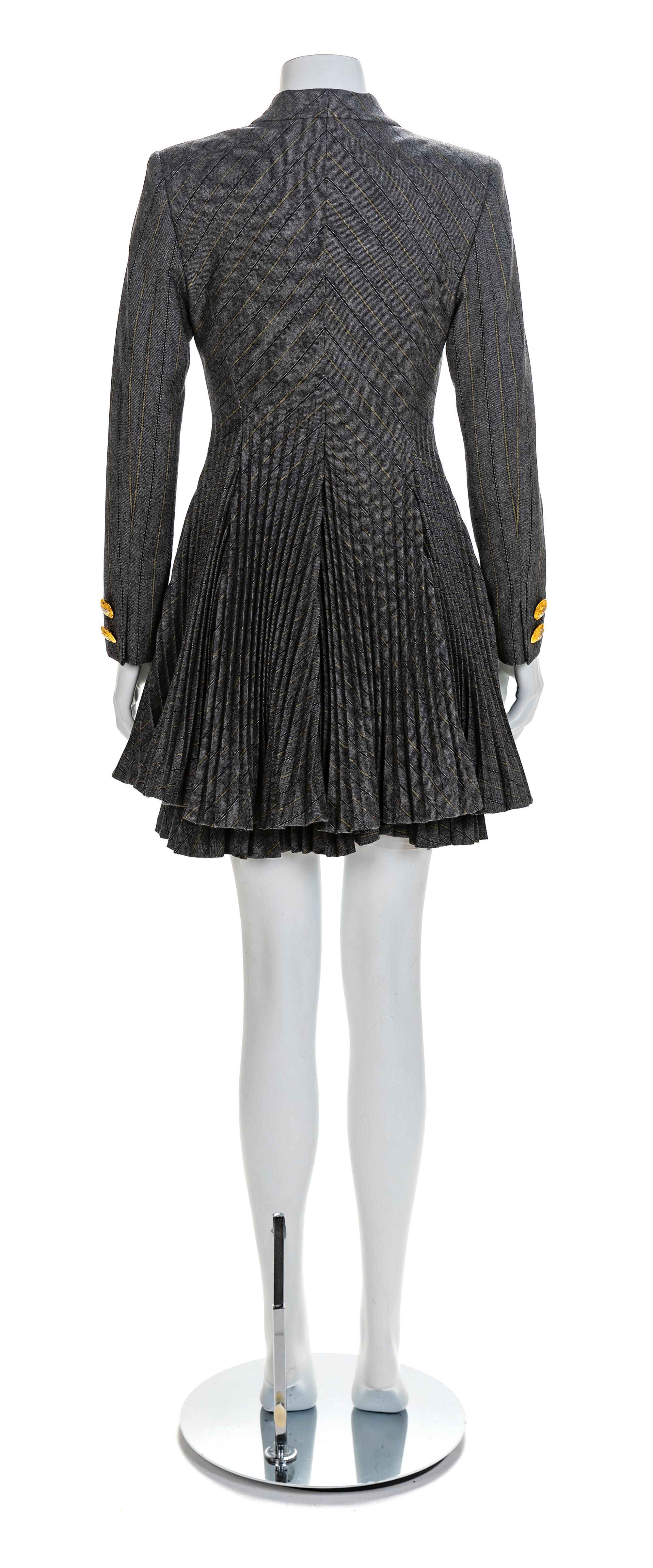 Atelier Versace Grey Jacket with Pleated Peplum and Matching Pleated Skirt, 1990s Size label: 42