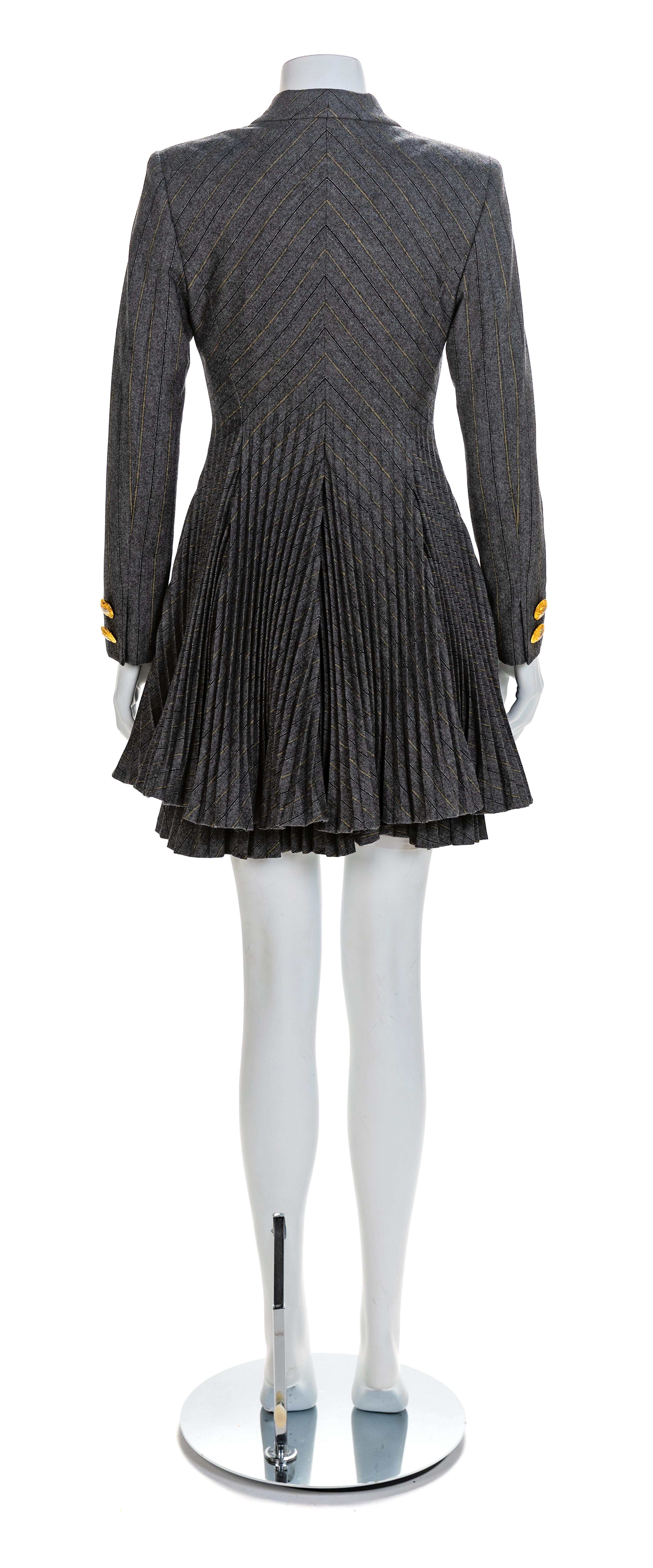 Atelier Versace Grey Jacket with Pleated Peplum and Matching Pleated Skirt, 1990s Size label: 42