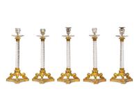 A Set of Five French Restauration Rock Crystal and Gilt-Bronze Candlesticks
