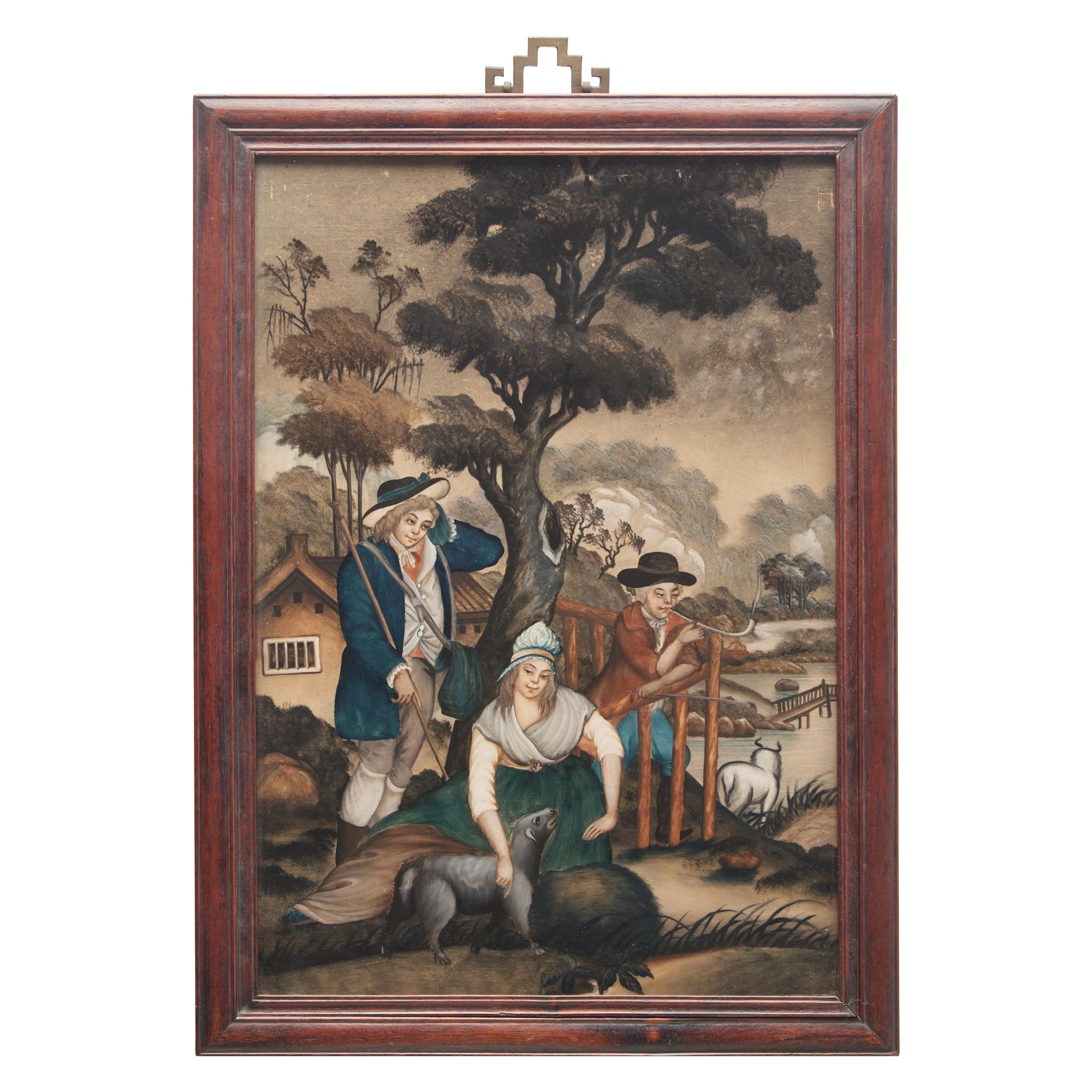 A Pair of Chinese Export Reverse-Glass Painted Pictures of Western Figures in Bucolic Landscapes