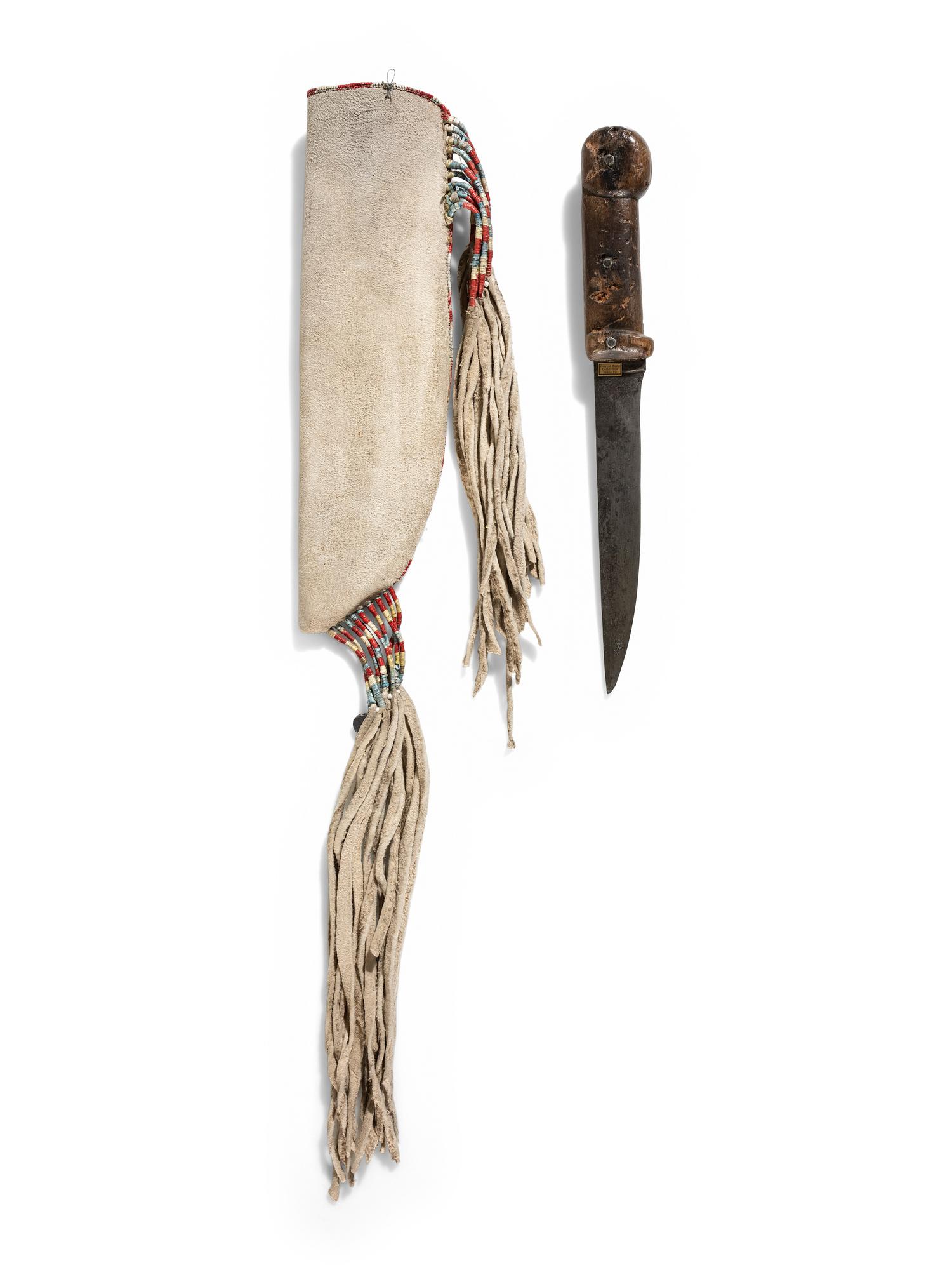 Santee Sioux Quilled Figural Hide Knife Sheath, with Knife