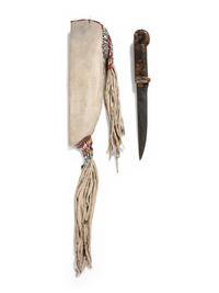 Santee Sioux Quilled Figural Hide Knife Sheath, with Knife