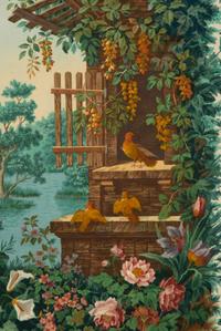 A Framed Painted Canvas Panel Depicting Birds in Garden