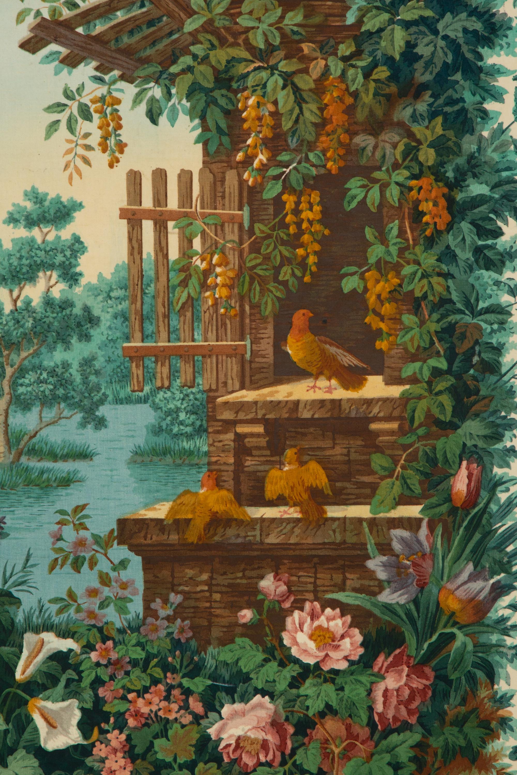 A Framed Painted Canvas Panel Depicting Birds in Garden