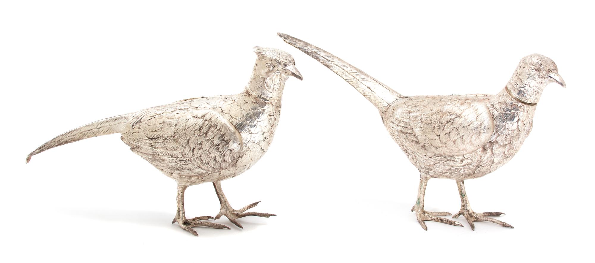 A Pair of German Silver Plate Models of Pheasants Height 8 x length 15 inches. — 20TH CENTURY