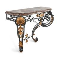 A French Green-Painted and Parcel Gilt Iron Marble-Top Console Table