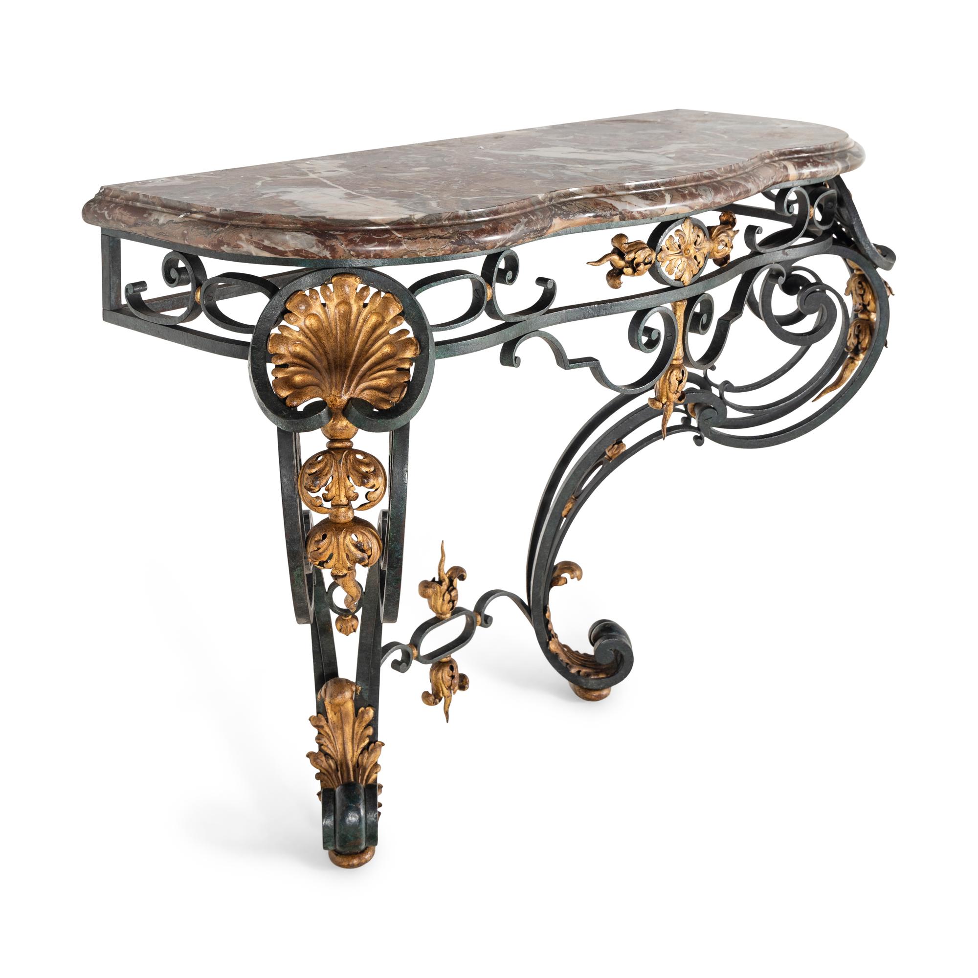 A French Green-Painted and Parcel Gilt Iron Marble-Top Console Table