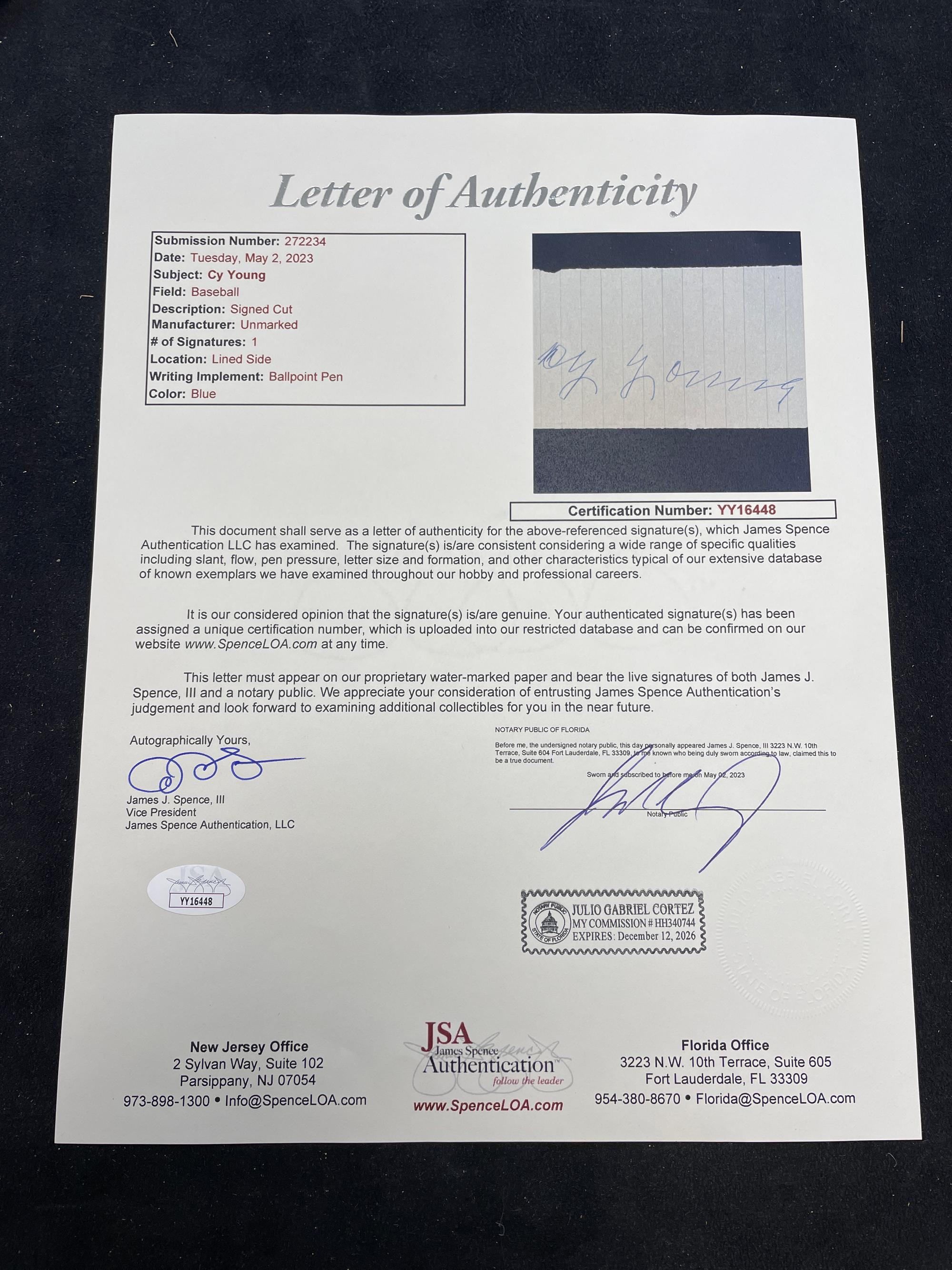 A Cy Young Signed Autograph Cut (JSA Letter),