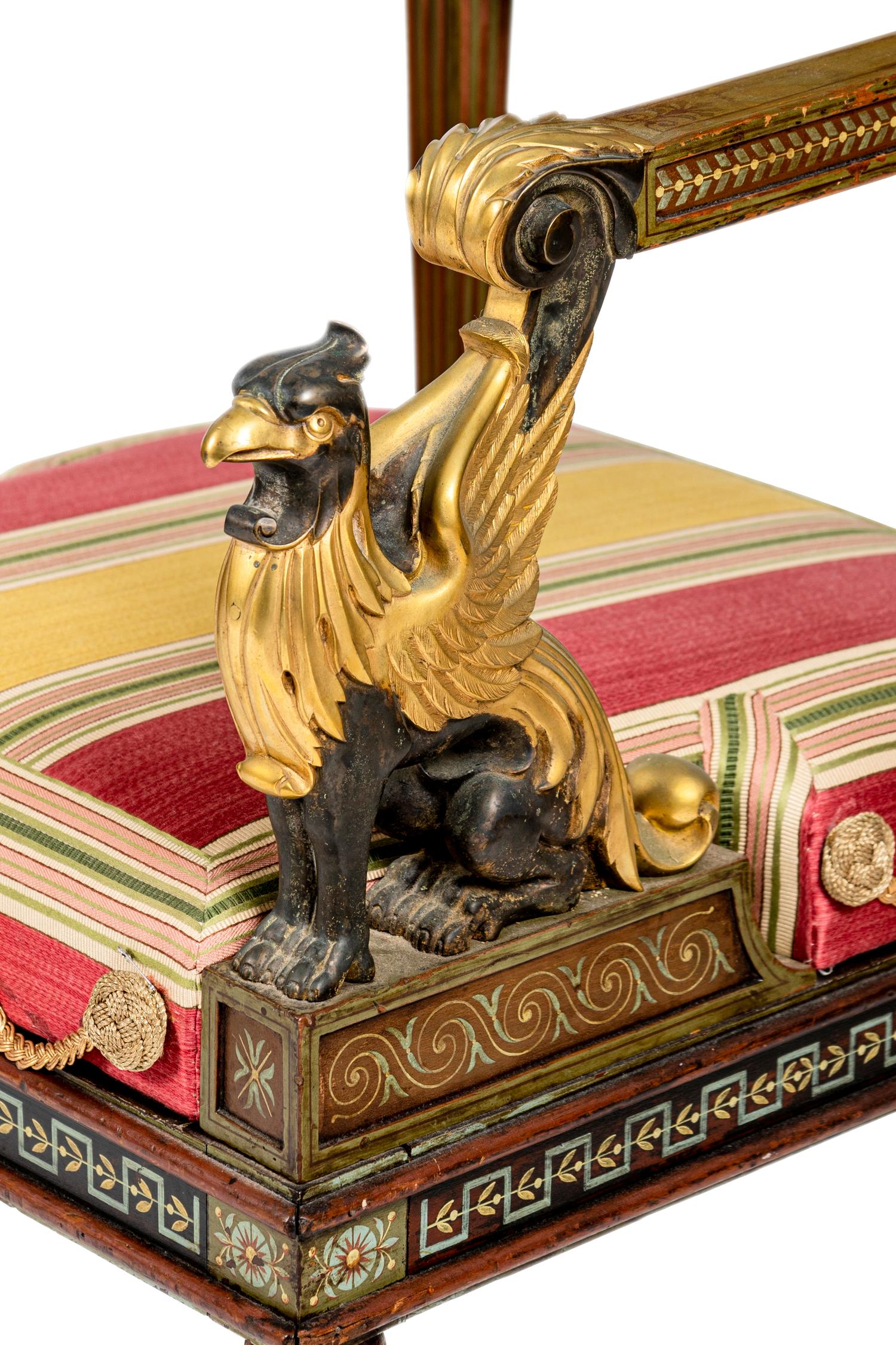 A Pair of North Italian Neoclassical Bronze Mounted Polychrome Painted Armchairs