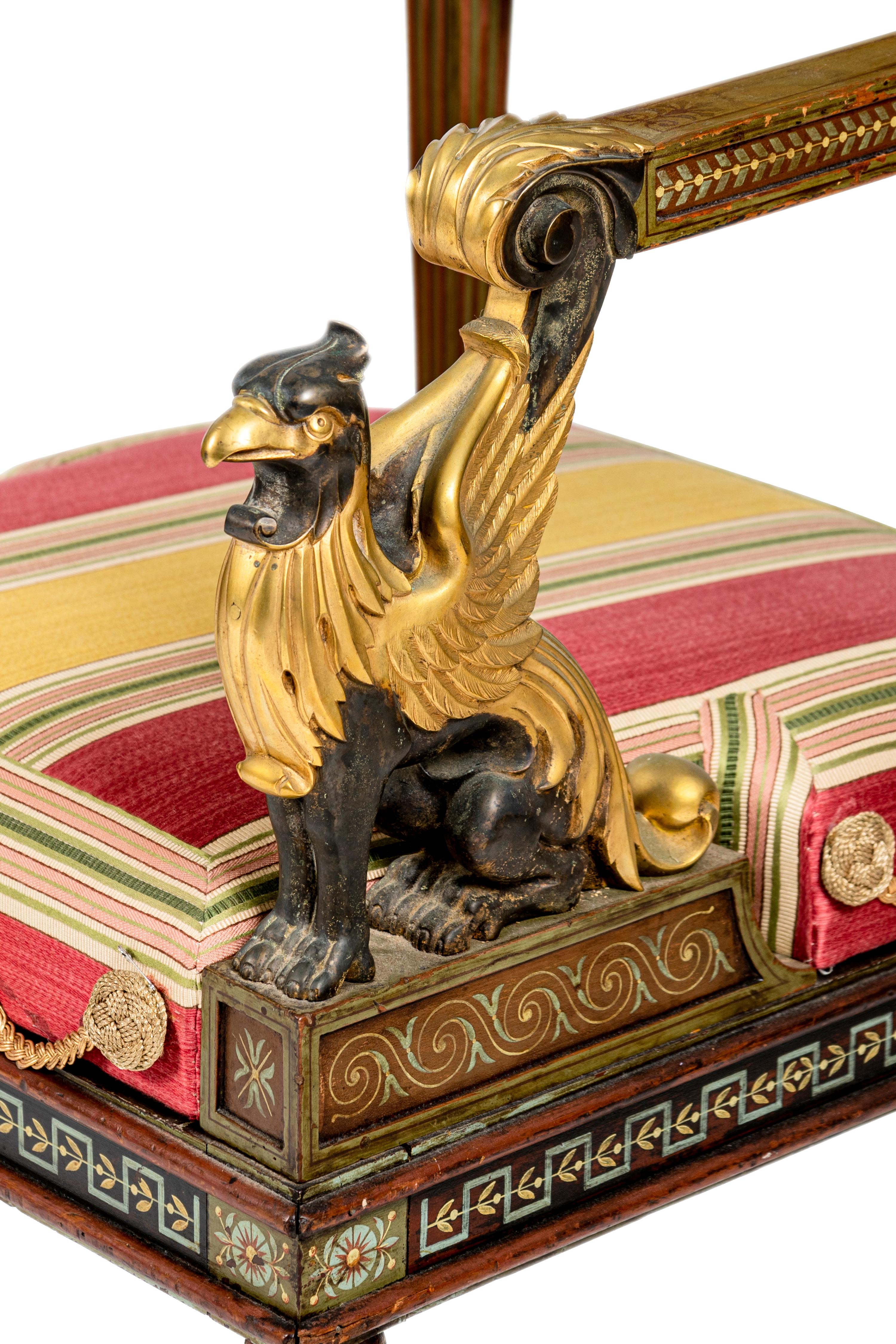 A Pair of North Italian Neoclassical Bronze Mounted Polychrome Painted Armchairs