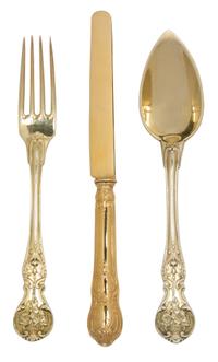 A Group of French Vermeil Silverplate Flatware, , comprising: 12 Christofle oval soup spoons 4 matching salad forks 18 fruit knives by