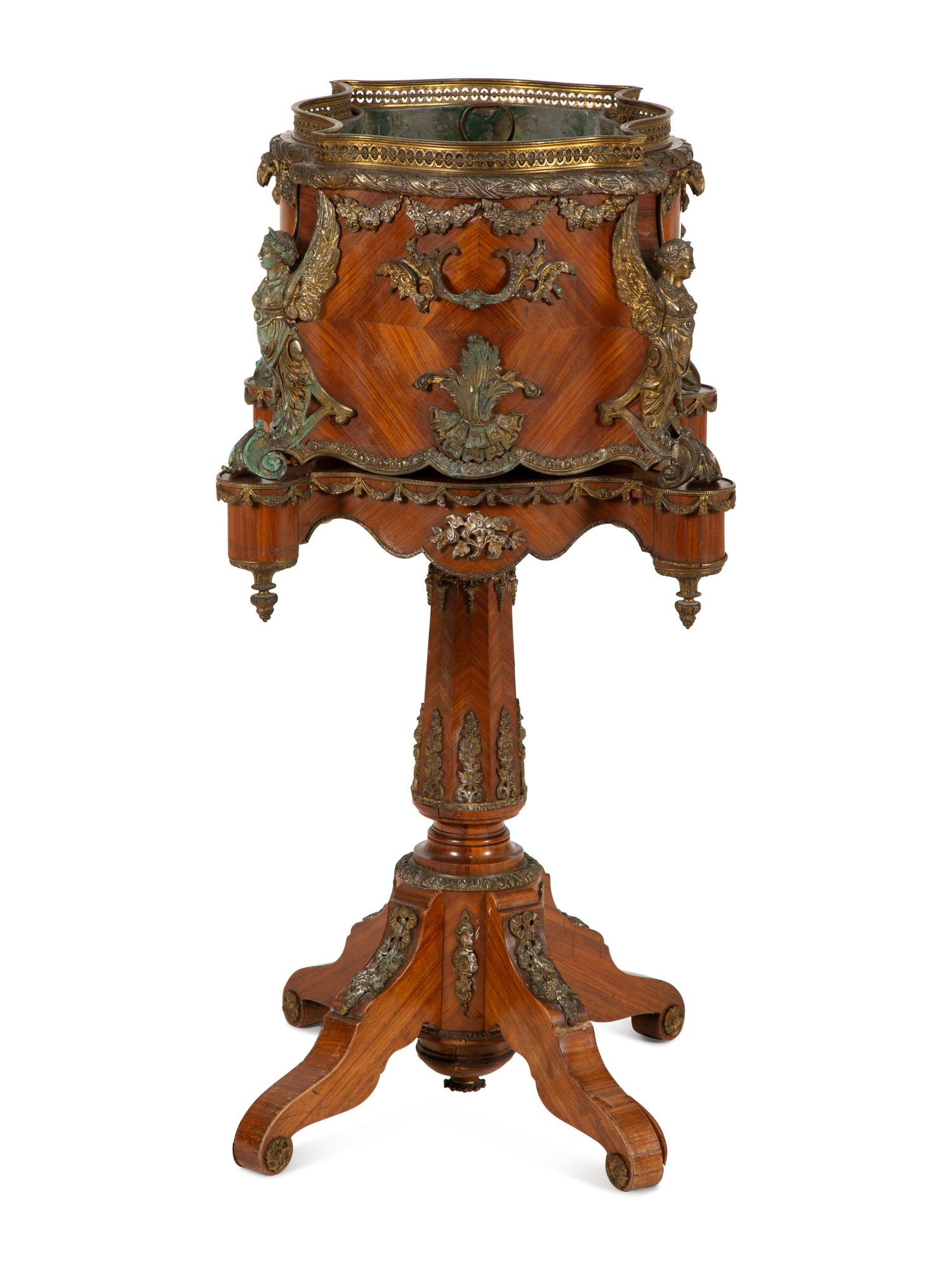 A Napoleon III Gilt Metal Mounted Kingwood Jardinière and Stand