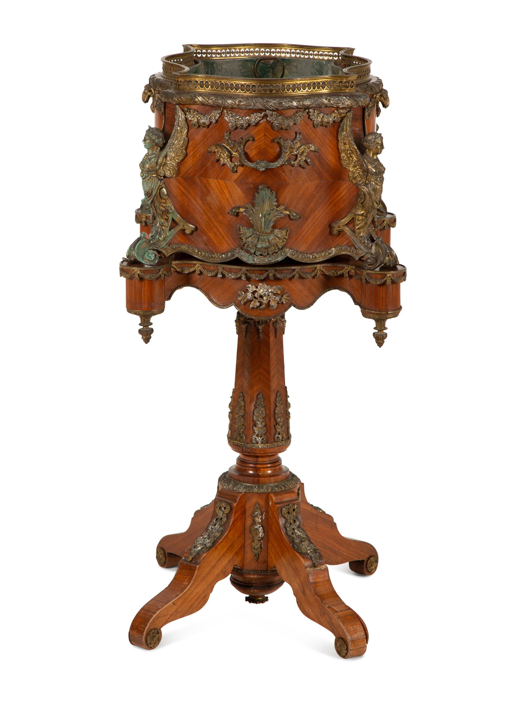 A Napoleon III Gilt Metal Mounted Kingwood Jardinière and Stand