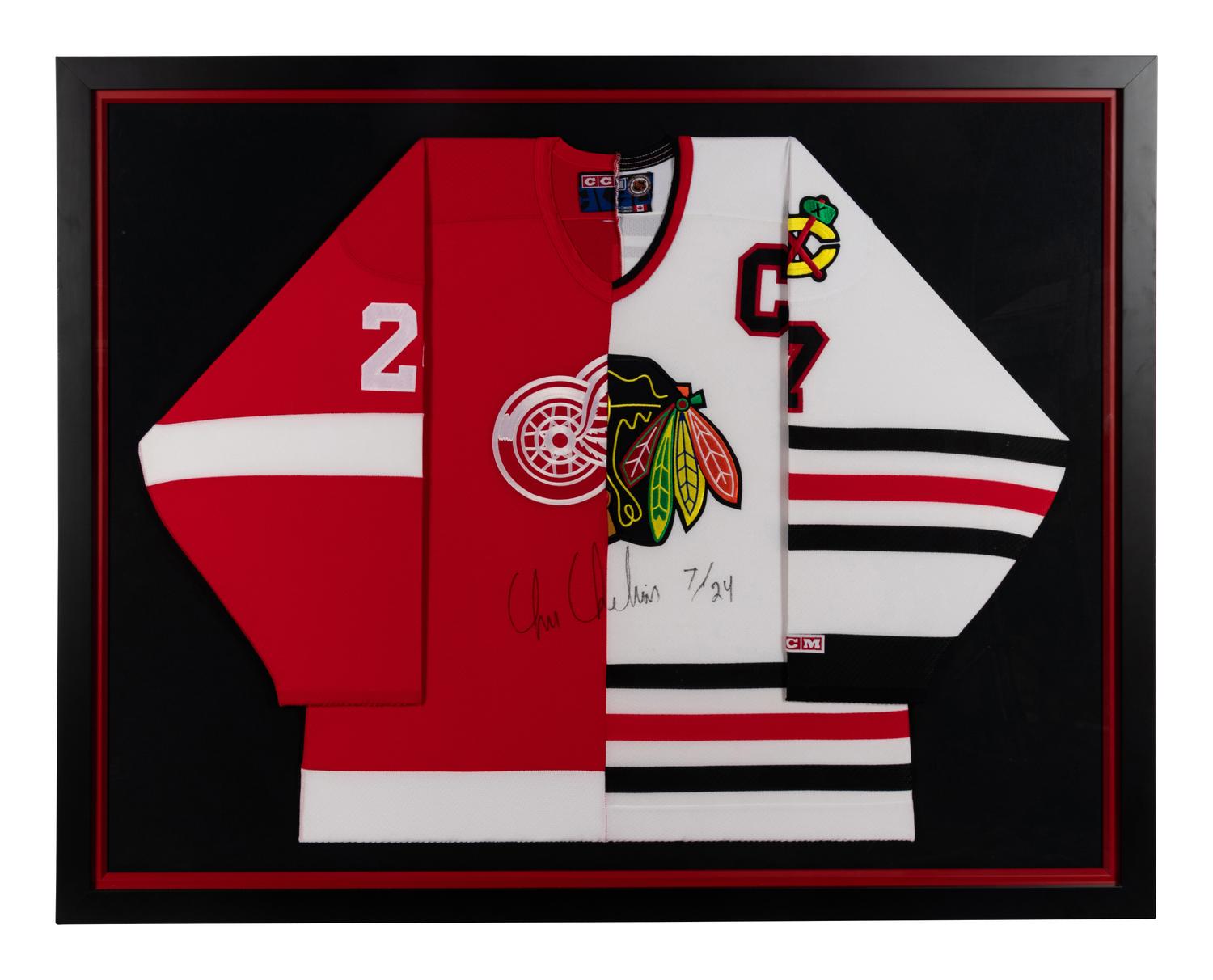 A Unique Chris Chelios Signed Autograph Chicago Blackhawks / Detroit Red Wings Hockey Jersey,