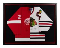 A Unique Chris Chelios Signed Autograph Chicago Blackhawks / Detroit Red Wings Hockey Jersey,