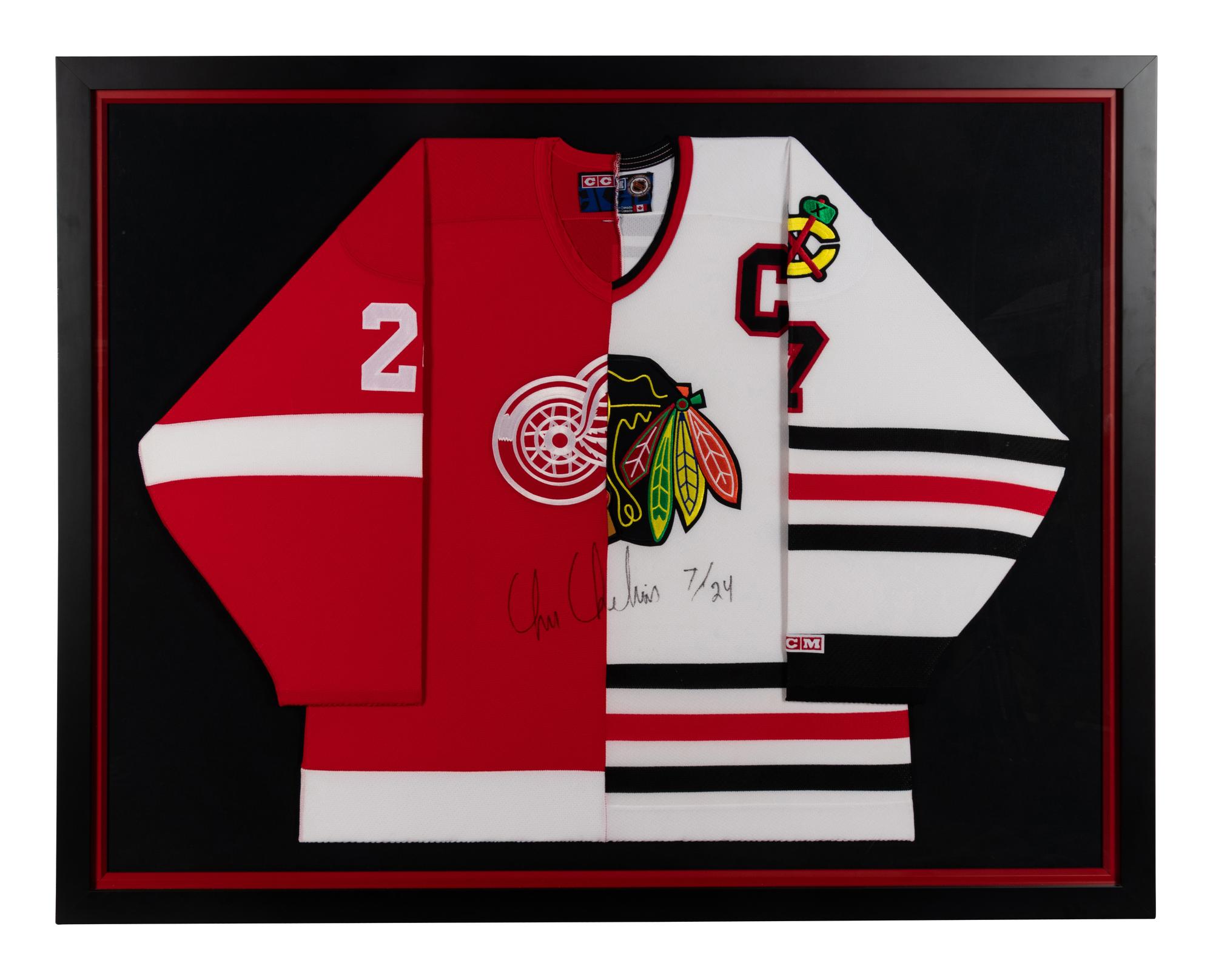 A Unique Chris Chelios Signed Autograph Chicago Blackhawks / Detroit Red Wings Hockey Jersey,