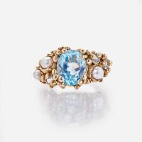 A 14K Vintage Blue Topaz and Pearl Ring c. 1960's