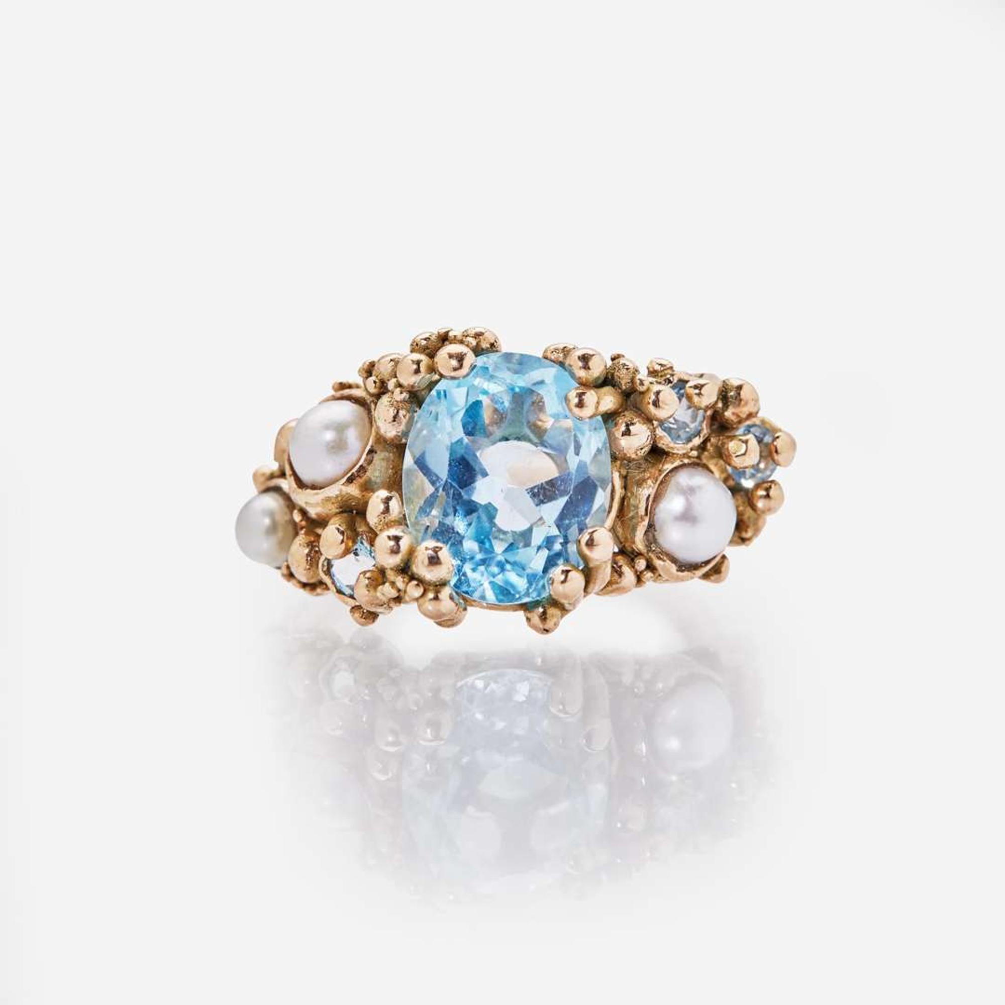 A 14K Vintage Blue Topaz and Pearl Ring c. 1960's