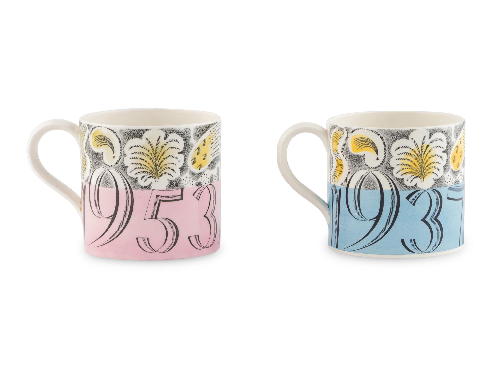 Two Eric Ravilious for Wedgwood Commemorative Mugs, George VI and Elizabeth II
