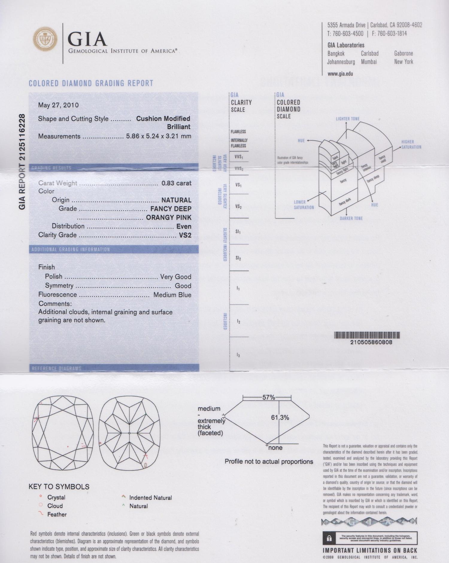 A 0.83 Carat Cushion Cut Fancy Deep Orangy Pink Diamond,