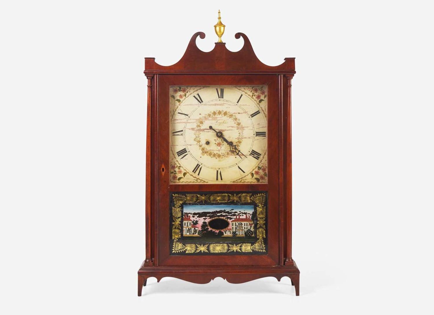 A Federal mahogany pillar and scroll shelf clock, Eli & Samuel Terry, Plymouth, CT, circa 1824-1827