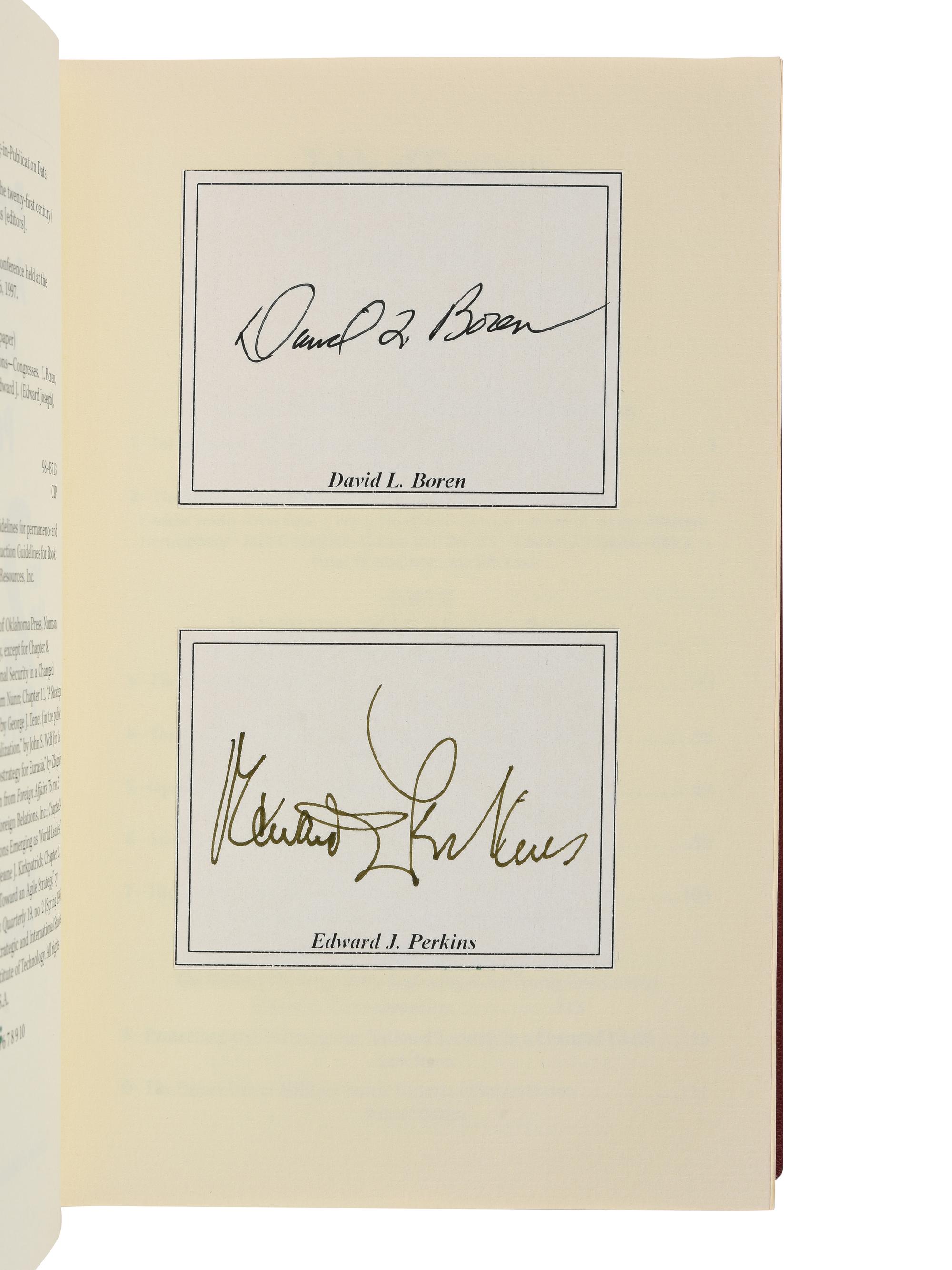 BOREN, David Lyle (b. 1941), and Edward Joseph PERKINS (1928-2020). Preparing America’s Foreign Policy for the 21st Century. Norman, Oklahoma: University of Oklahoma Press, 1999.