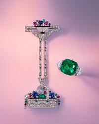 Lacloche Frères, Art Deco, Diamond, Ruby, Emerald, and Sapphire Lapel Watch