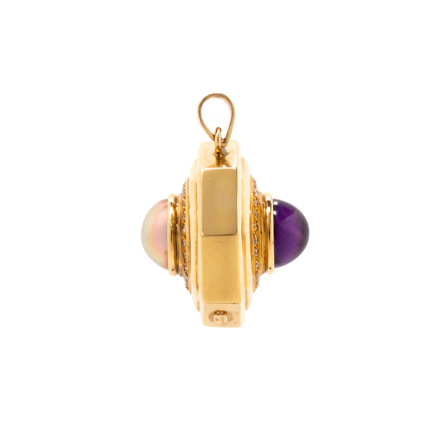 YELLOW GOLD, AMETHYST, MABÉ PEARL, AND DIAMOND DOUBLE-SIDED PENDANT