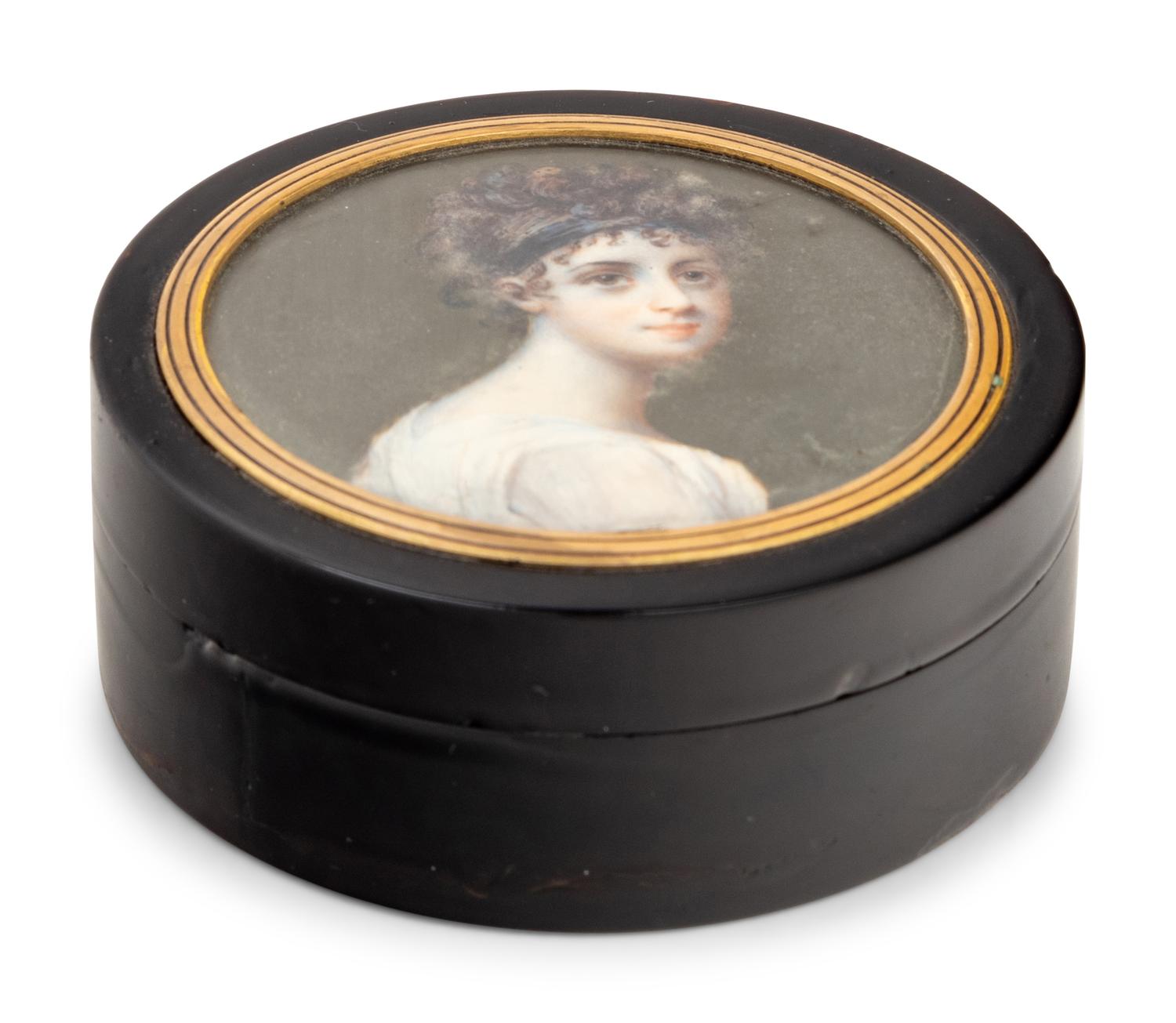 A Continental Gilt Metal Mounted and Portrait Miniature Inset Tortoiseshell Snuff Box