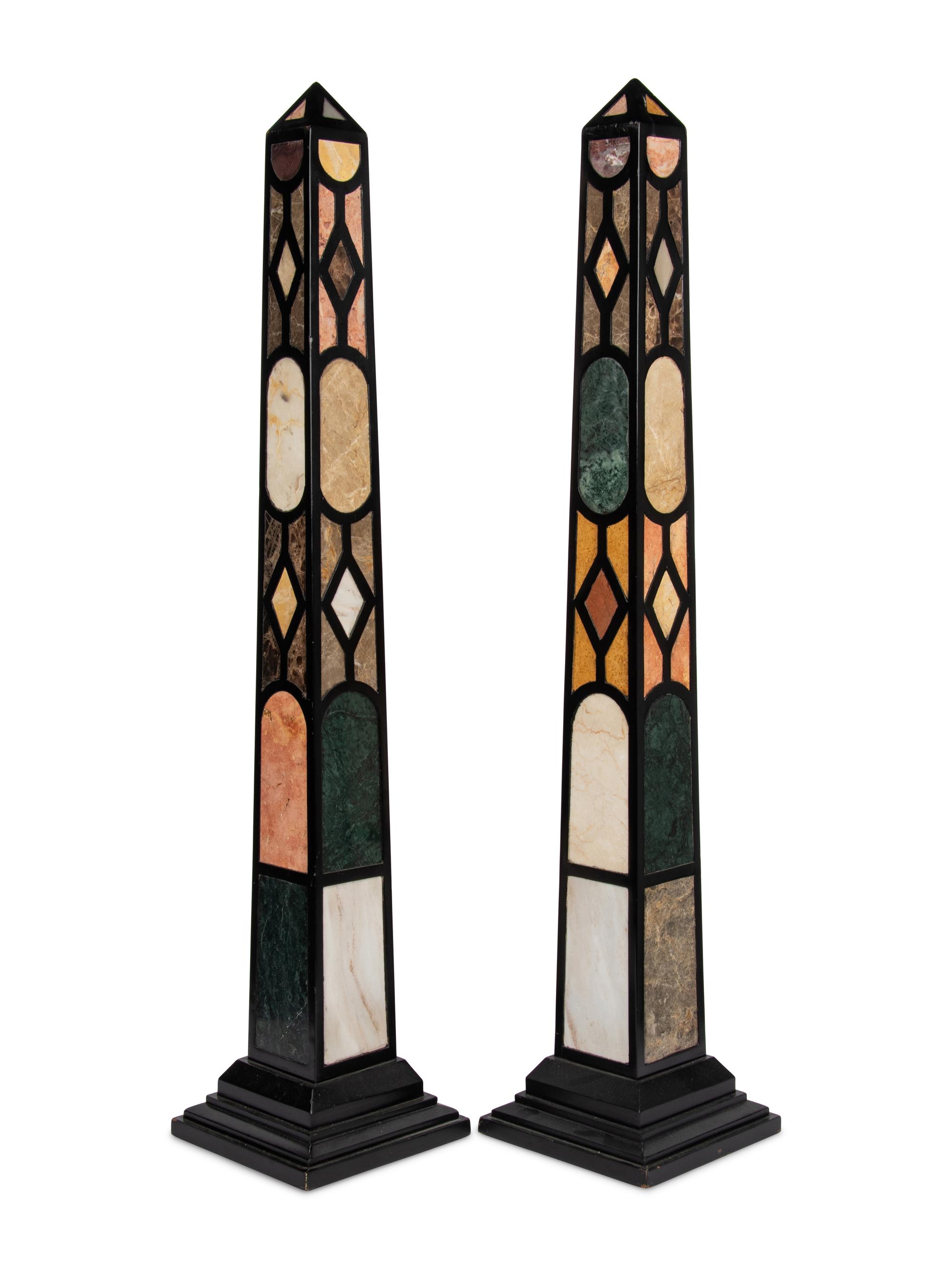 A Pair of Neoclassical Style Ebonized and Specimen Marble Obelisks