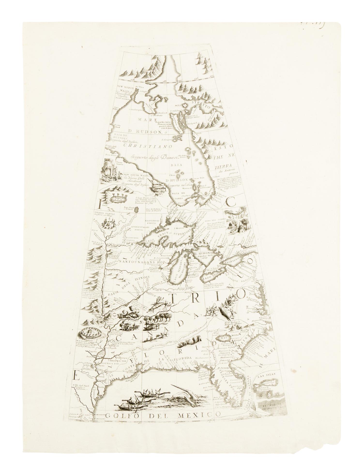 [MAP]. CORONELLI, Vincenzo Maria (1650-1718). Globe gore [Great Lakes, Florida, Gulf Coast, Texas, Mississippi River, Chesapeake, etc]. Venice, ca 1688.