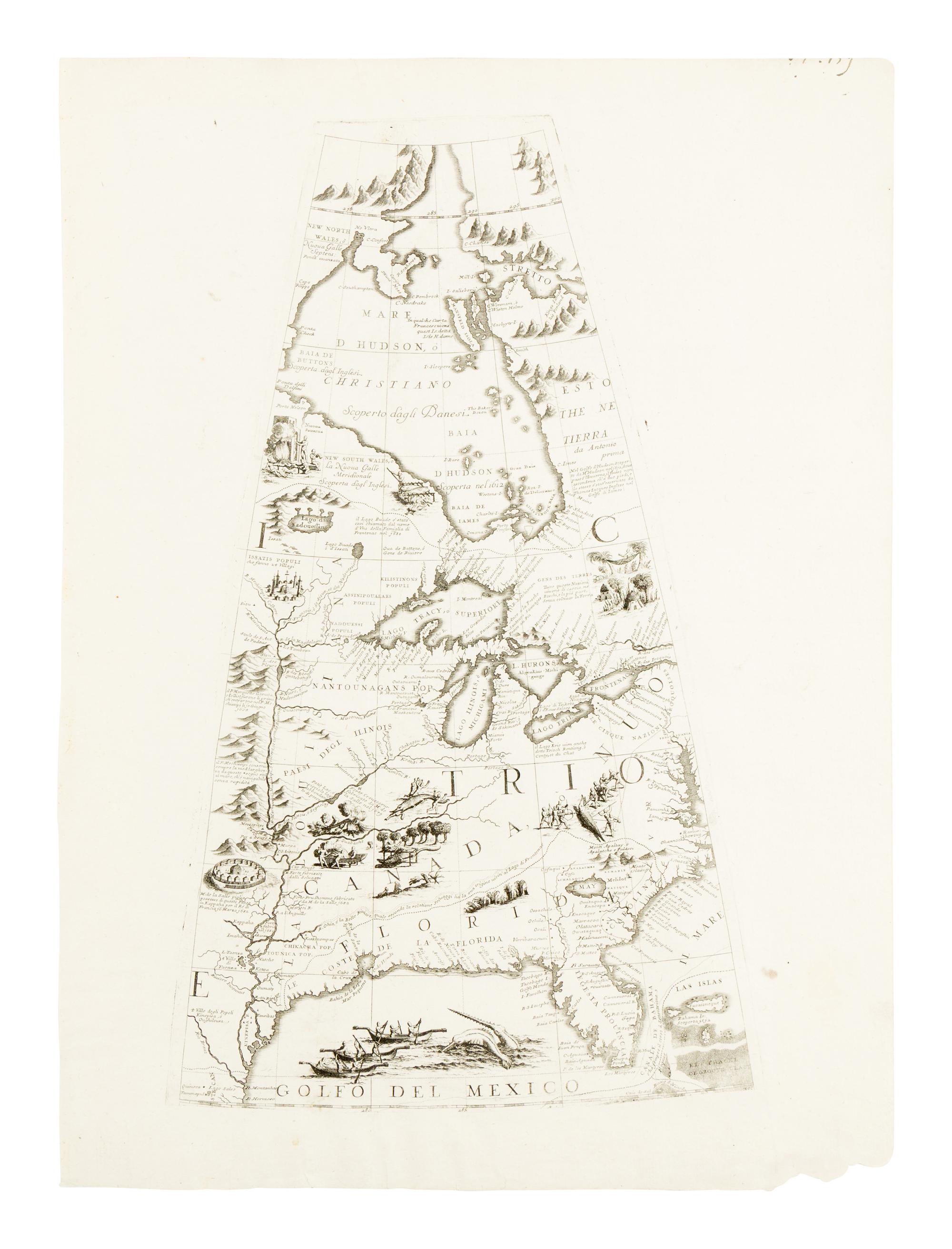 [MAP]. CORONELLI, Vincenzo Maria (1650-1718). Globe gore [Great Lakes, Florida, Gulf Coast, Texas, Mississippi River, Chesapeake, etc]. Venice, ca 1688.