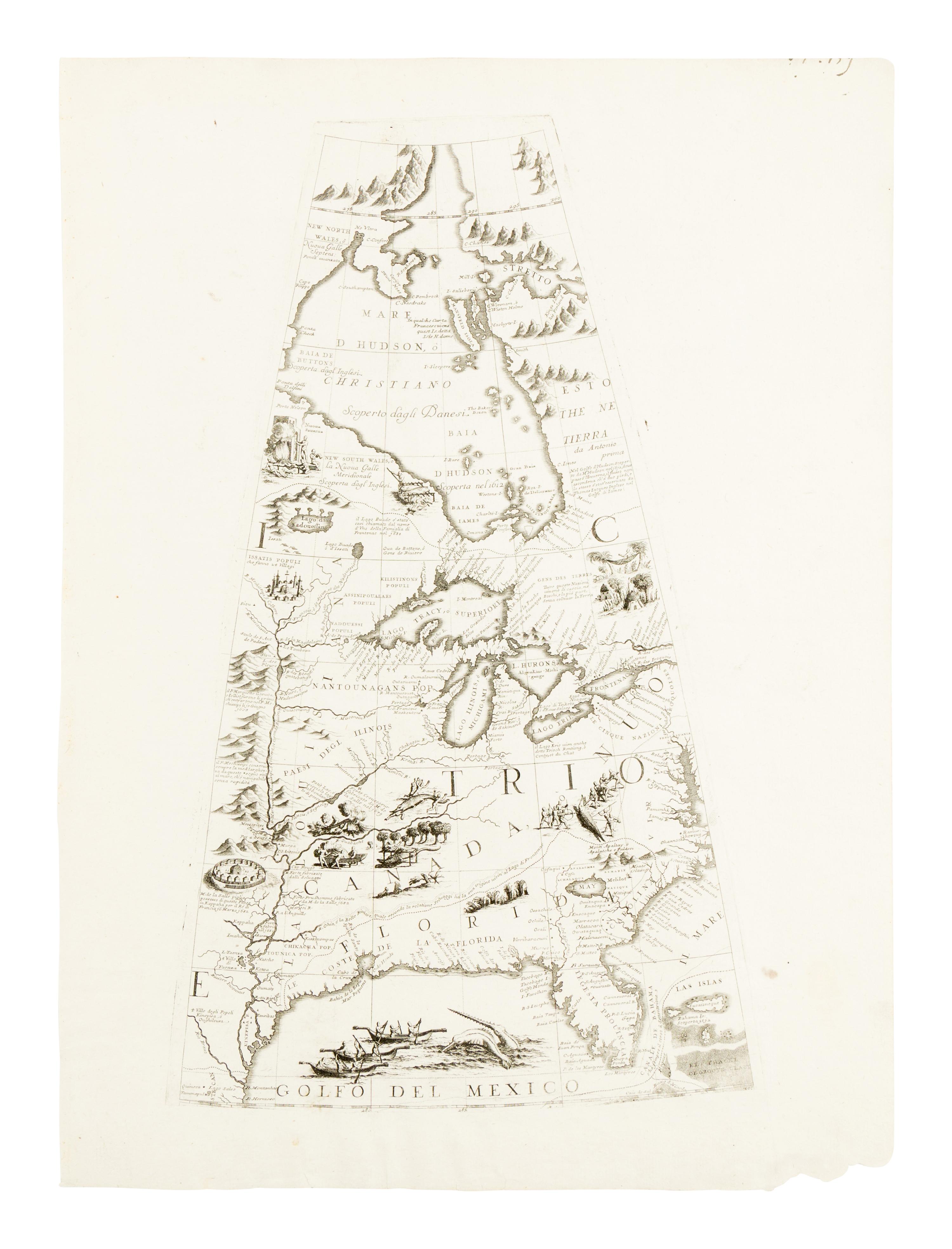 [MAP]. CORONELLI, Vincenzo Maria (1650-1718). Globe gore [Great Lakes, Florida, Gulf Coast, Texas, Mississippi River, Chesapeake, etc]. Venice, ca 1688.